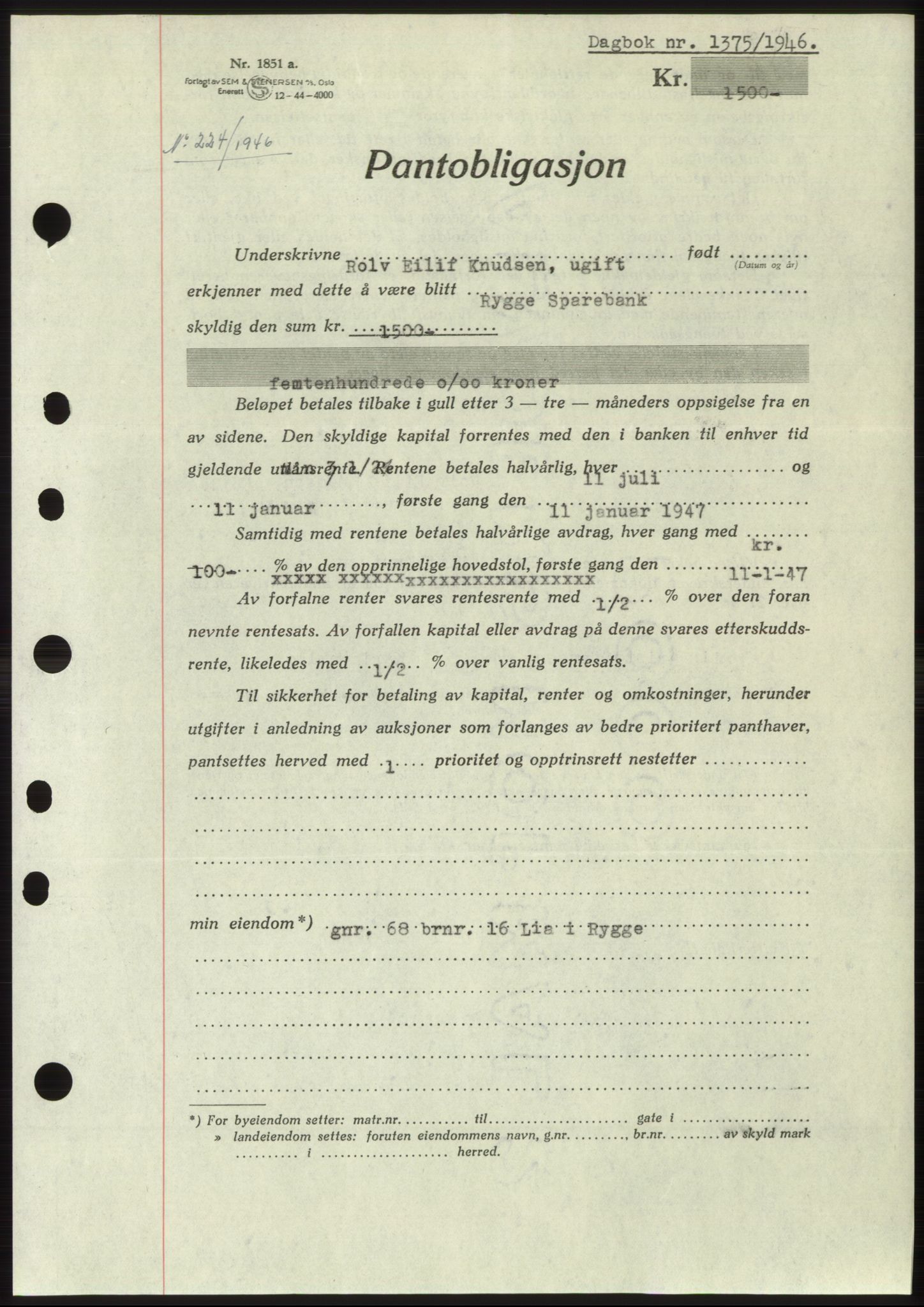 Moss sorenskriveri, SAO/A-10168: Pantebok nr. B15, 1946-1946, Dagboknr: 1375/1946
