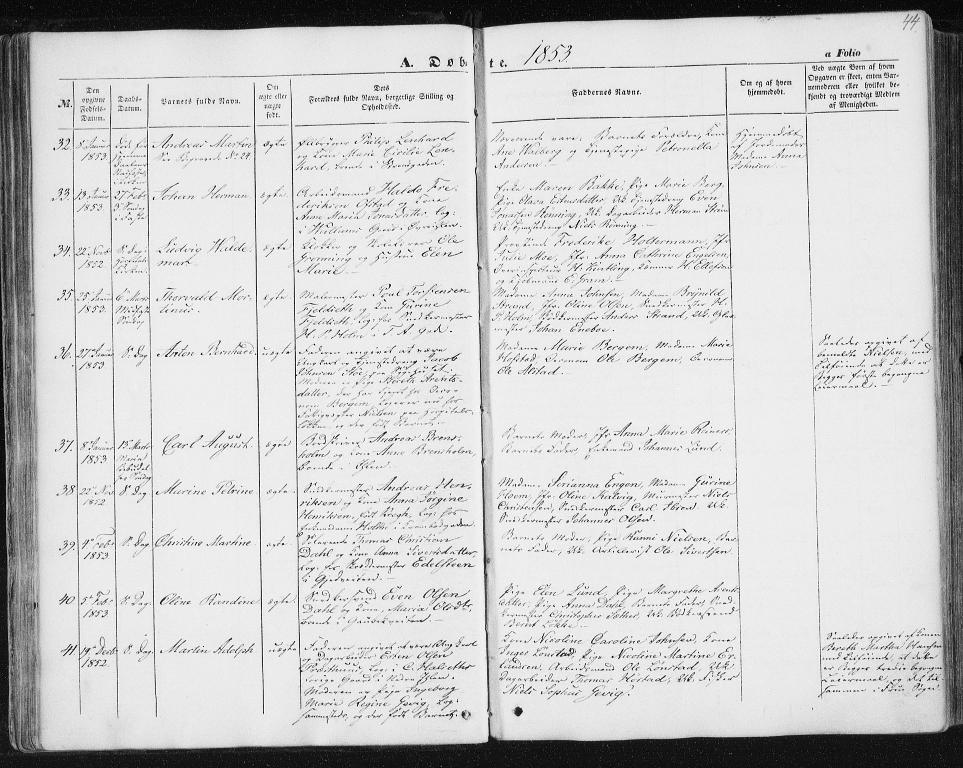 Ministerialprotokoller, klokkerbøker og fødselsregistre - Sør-Trøndelag, AV/SAT-A-1456/602/L0112: Ministerialbok nr. 602A10, 1848-1859, s. 44