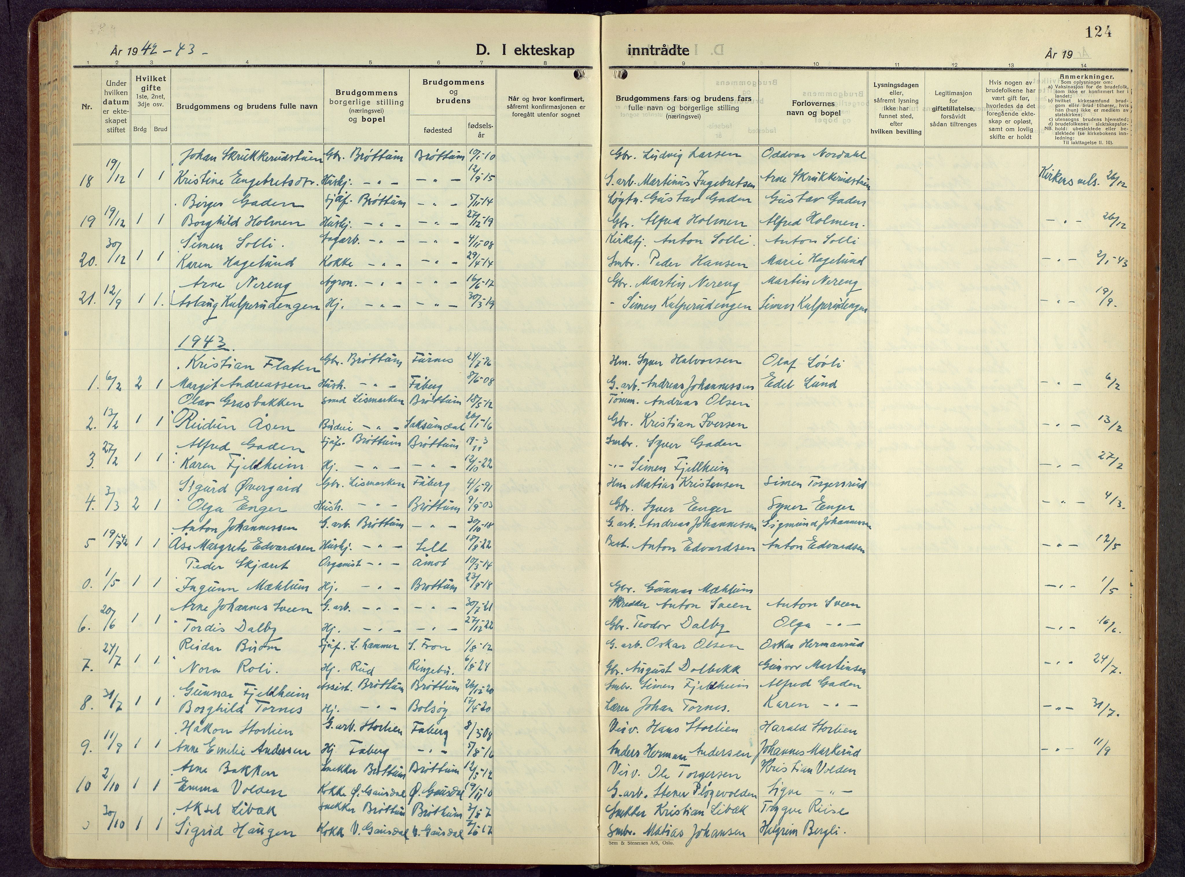 Brøttum prestekontor, AV/SAH-PREST-016/L/La/L0002: Klokkerbok nr. 2, 1940-1958, s. 124