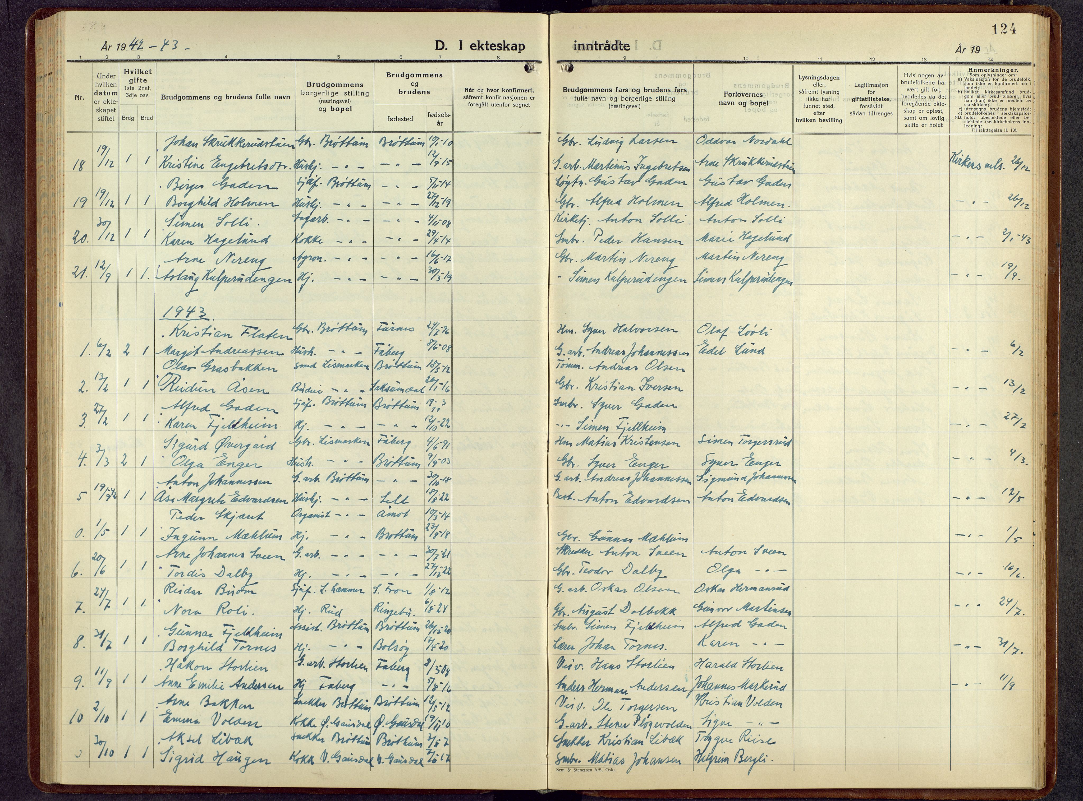 Brøttum prestekontor, SAH/PREST-016/L/La/L0002: Klokkerbok nr. 2, 1940-1958, s. 124