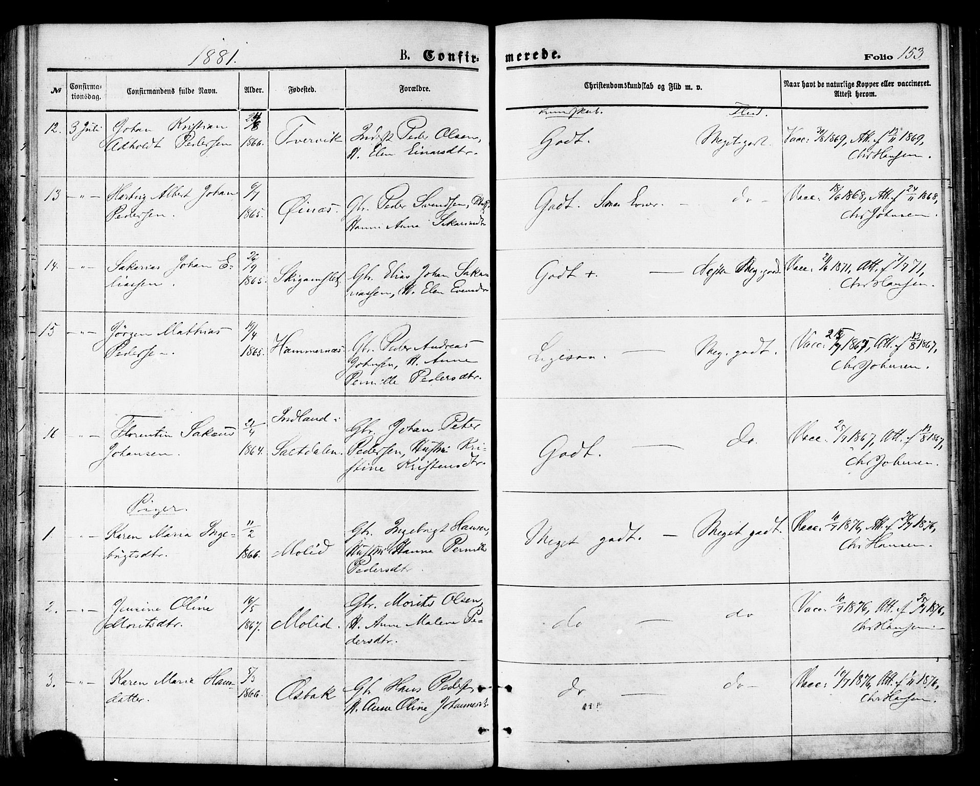 Ministerialprotokoller, klokkerbøker og fødselsregistre - Nordland, SAT/A-1459/846/L0645: Ministerialbok nr. 846A03, 1872-1886, s. 153