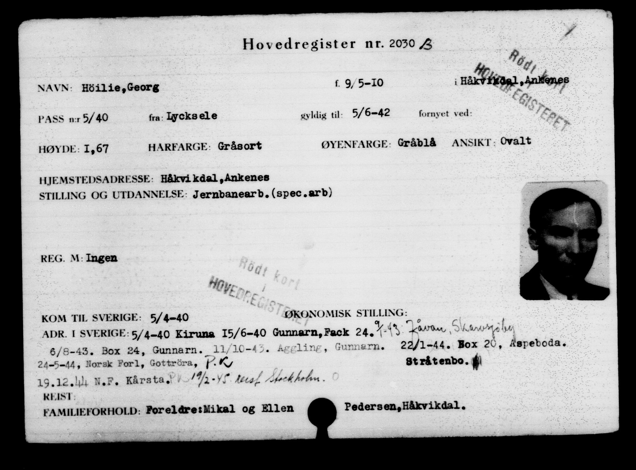Utenriksstasjonene, Legasjonen i Stockholm, Flyktningkontoret, AV/RA-S-6753/V/Va/L0003: Kjesäterkartoteket, flyktninger med registreringsnr. 2001-3495, 1940-1945, s. 40