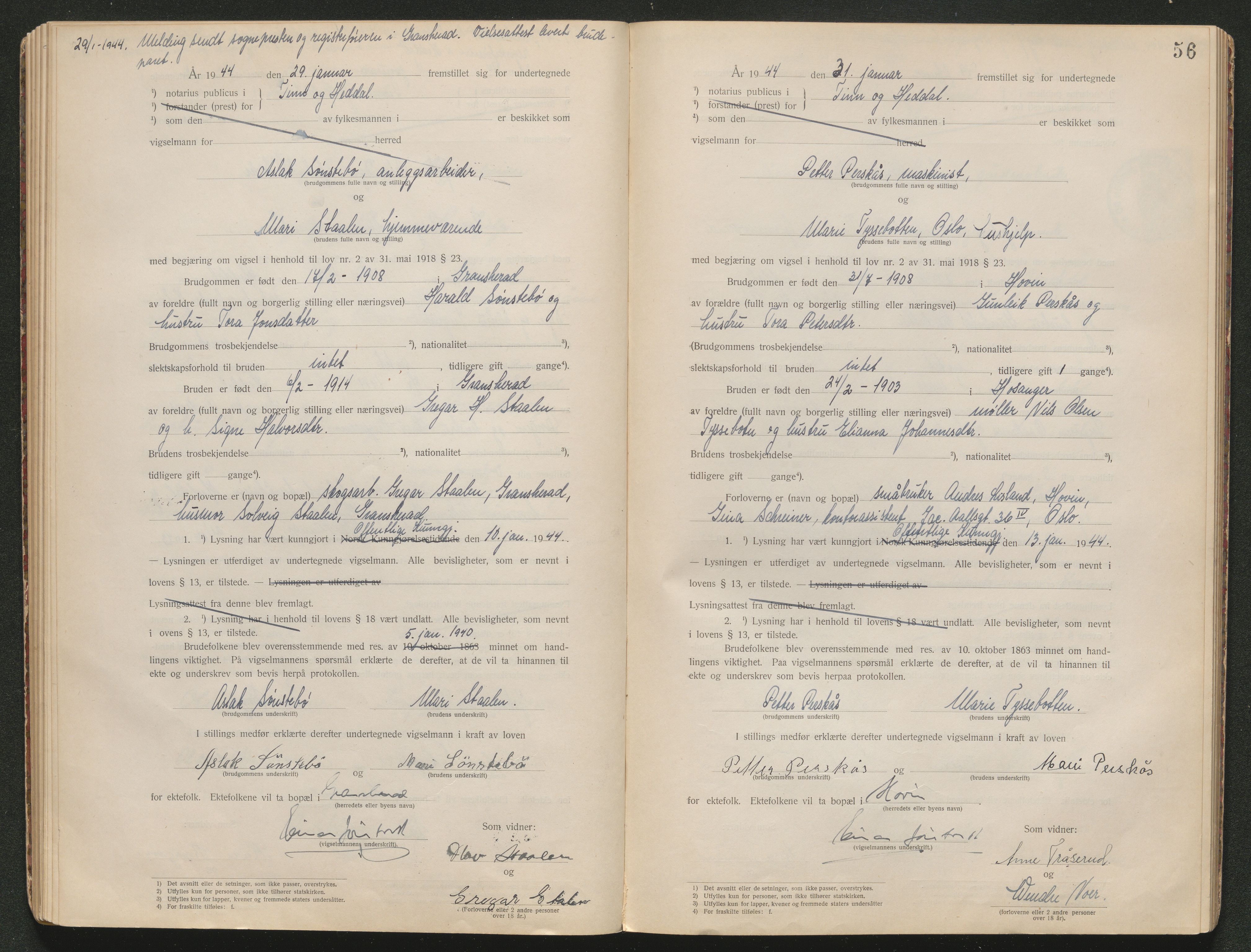 Tinn og Heddal sorenskriveri, AV/SAKO-A-212/L/La/L0003: Vigselsbok - , 1920-1945, s. 56