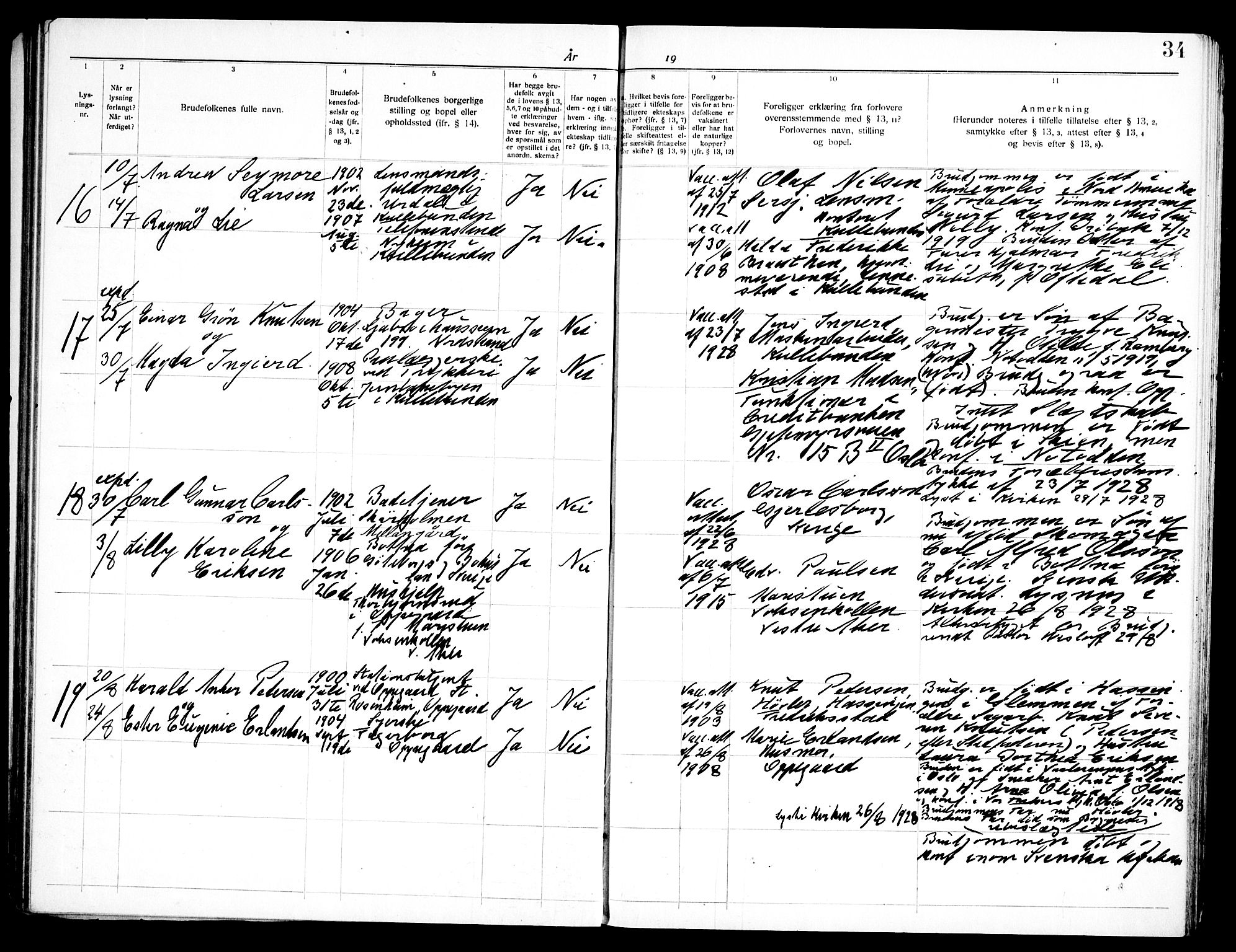 Nesodden prestekontor Kirkebøker, SAO/A-10013/H/Ha/L0001: Lysningsprotokoll nr. 1, 1919-1947, s. 34