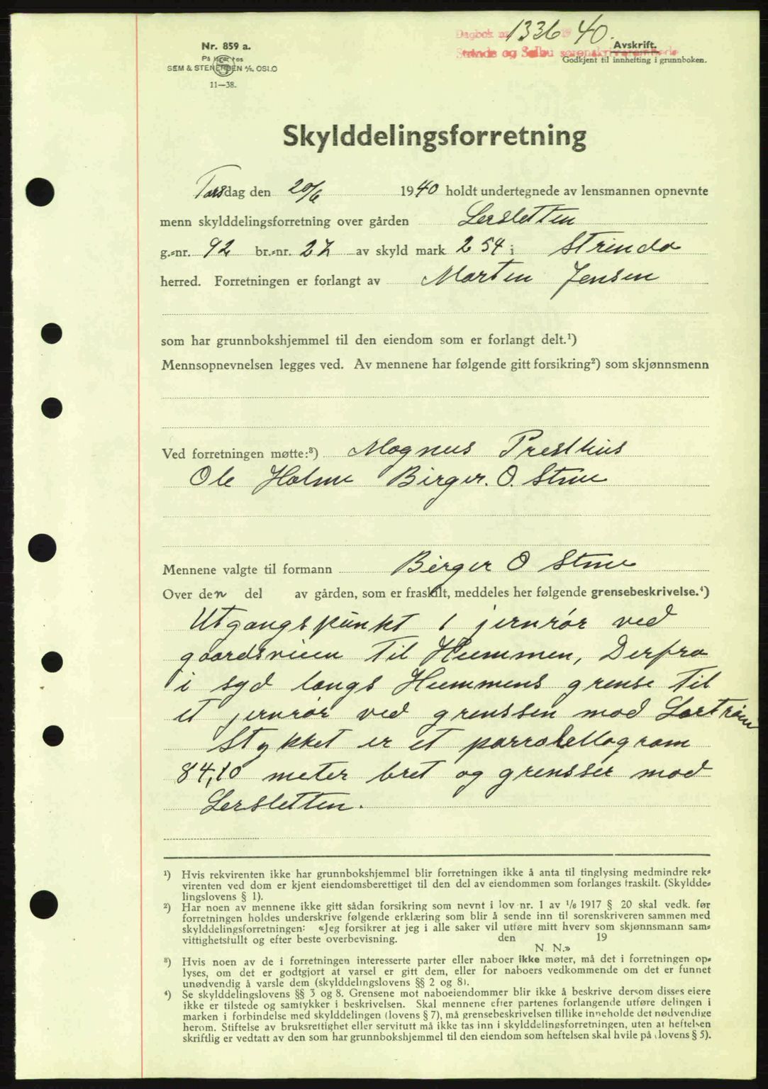 Strinda og Selbu sorenskriveri, AV/SAT-A-0015/2/2C: Pantebok nr. A8, 1940-1940, Dagboknr: 1336/1940