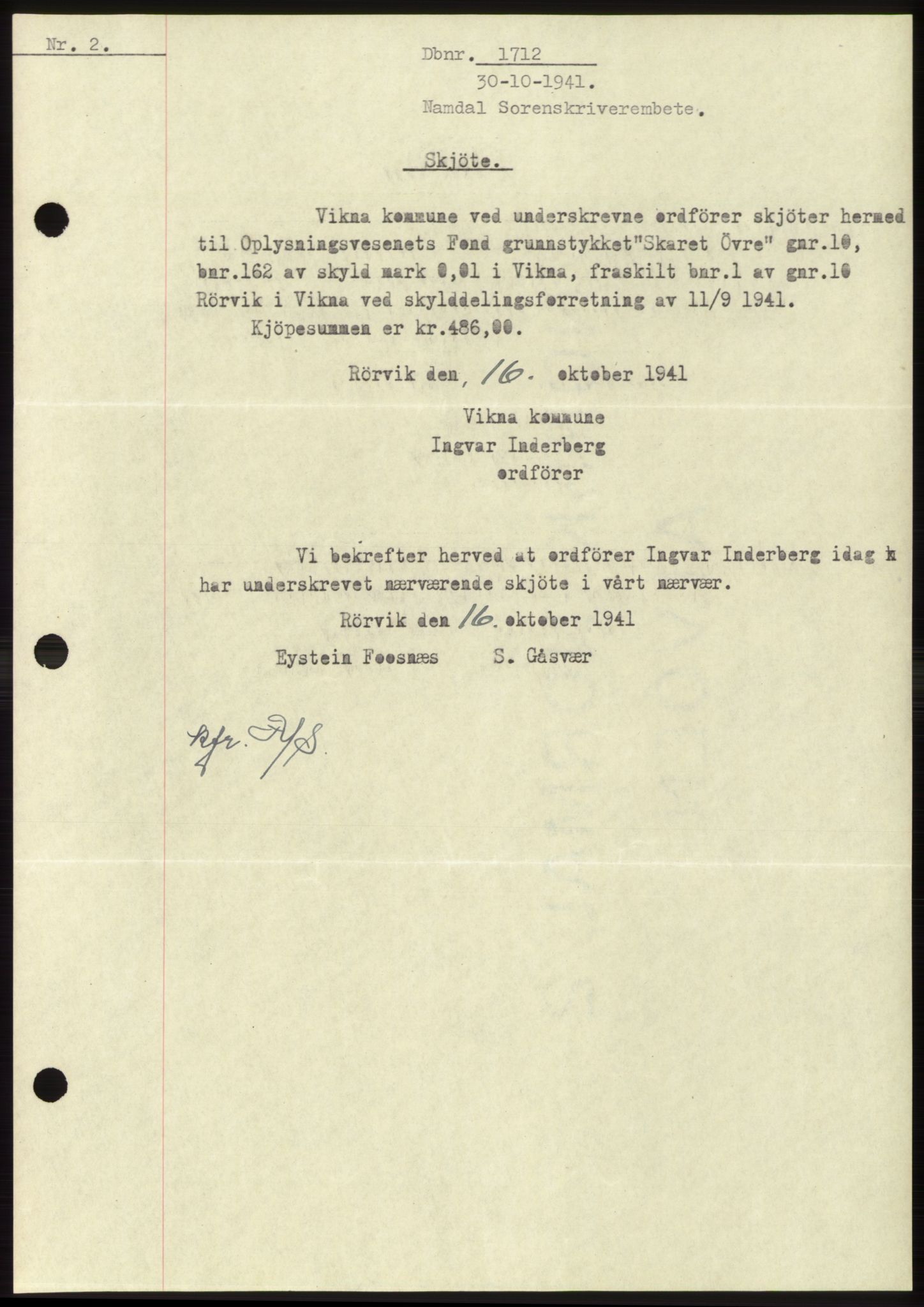 Namdal sorenskriveri, SAT/A-4133/1/2/2C: Pantebok nr. -, 1941-1942, Dagboknr: 1712/1941