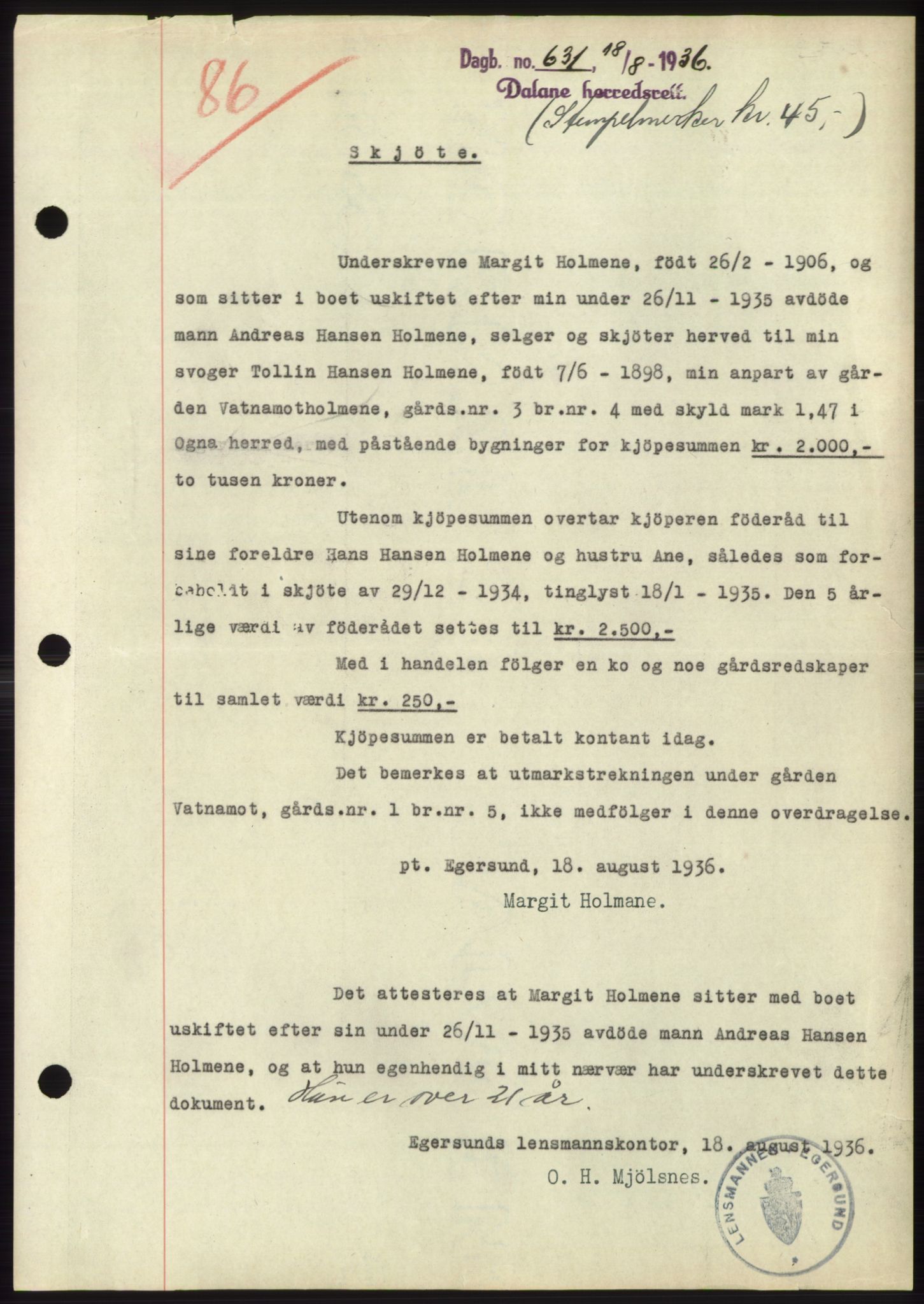 Dalane sorenskriveri, SAST/A-100309/02/G/Gb/L0058: Pantebok, 1926-1950, Tingl.dato: 18.08.1936