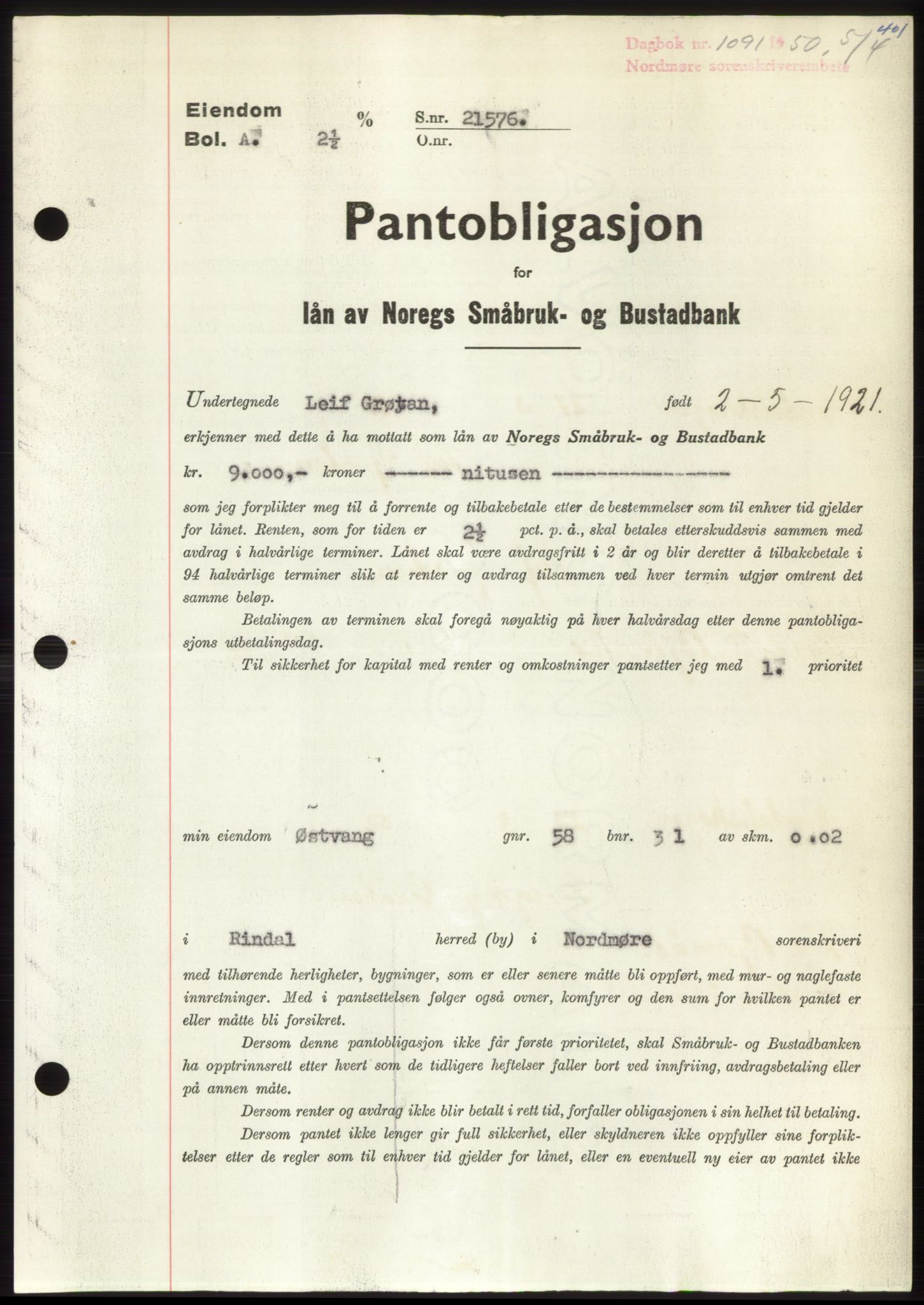 Nordmøre sorenskriveri, SAT/A-4132/1/2/2Ca: Pantebok nr. B104, 1950-1950, Dagboknr: 1091/1950