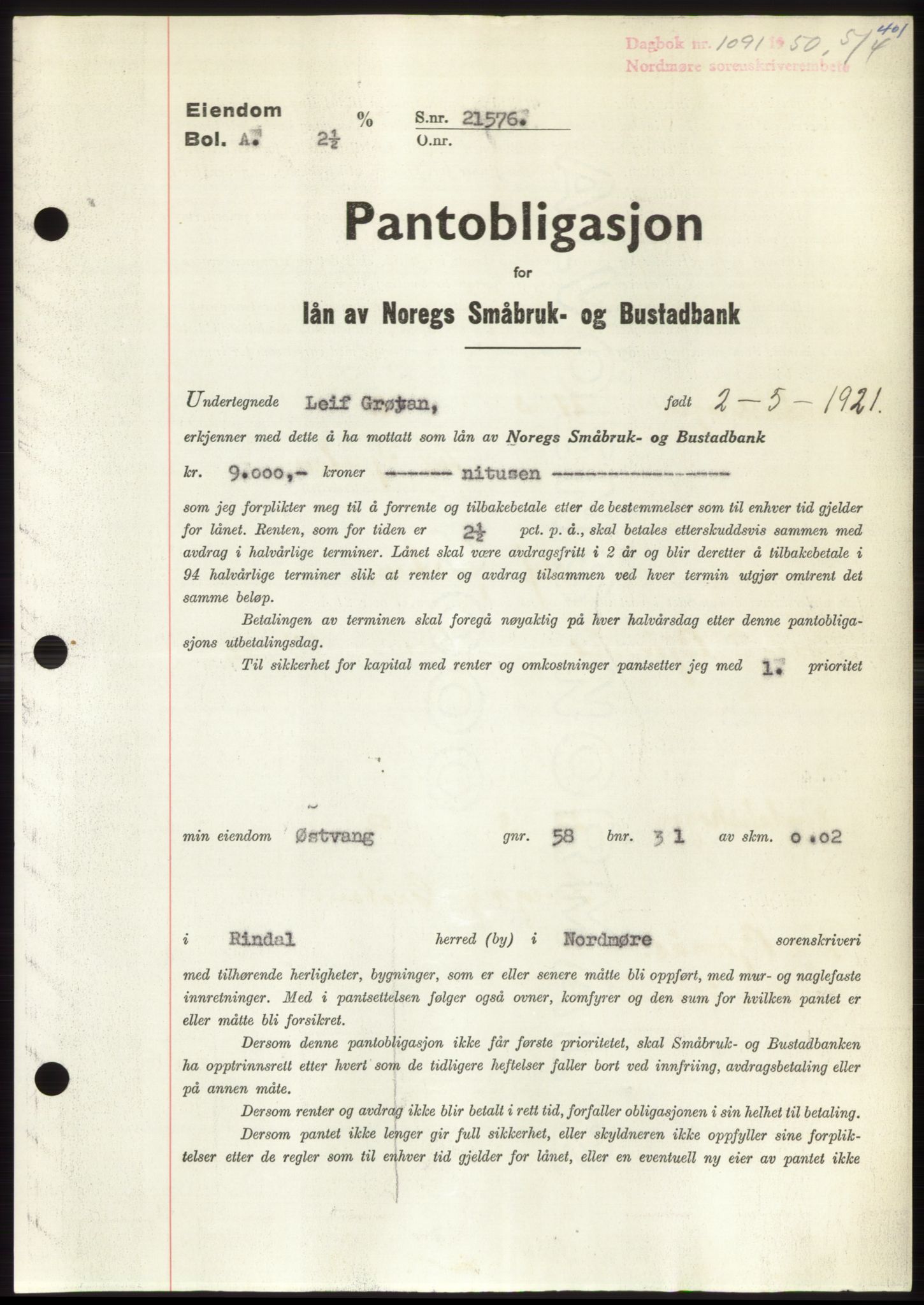 Nordmøre sorenskriveri, AV/SAT-A-4132/1/2/2Ca: Pantebok nr. B104, 1950-1950, Dagboknr: 1091/1950