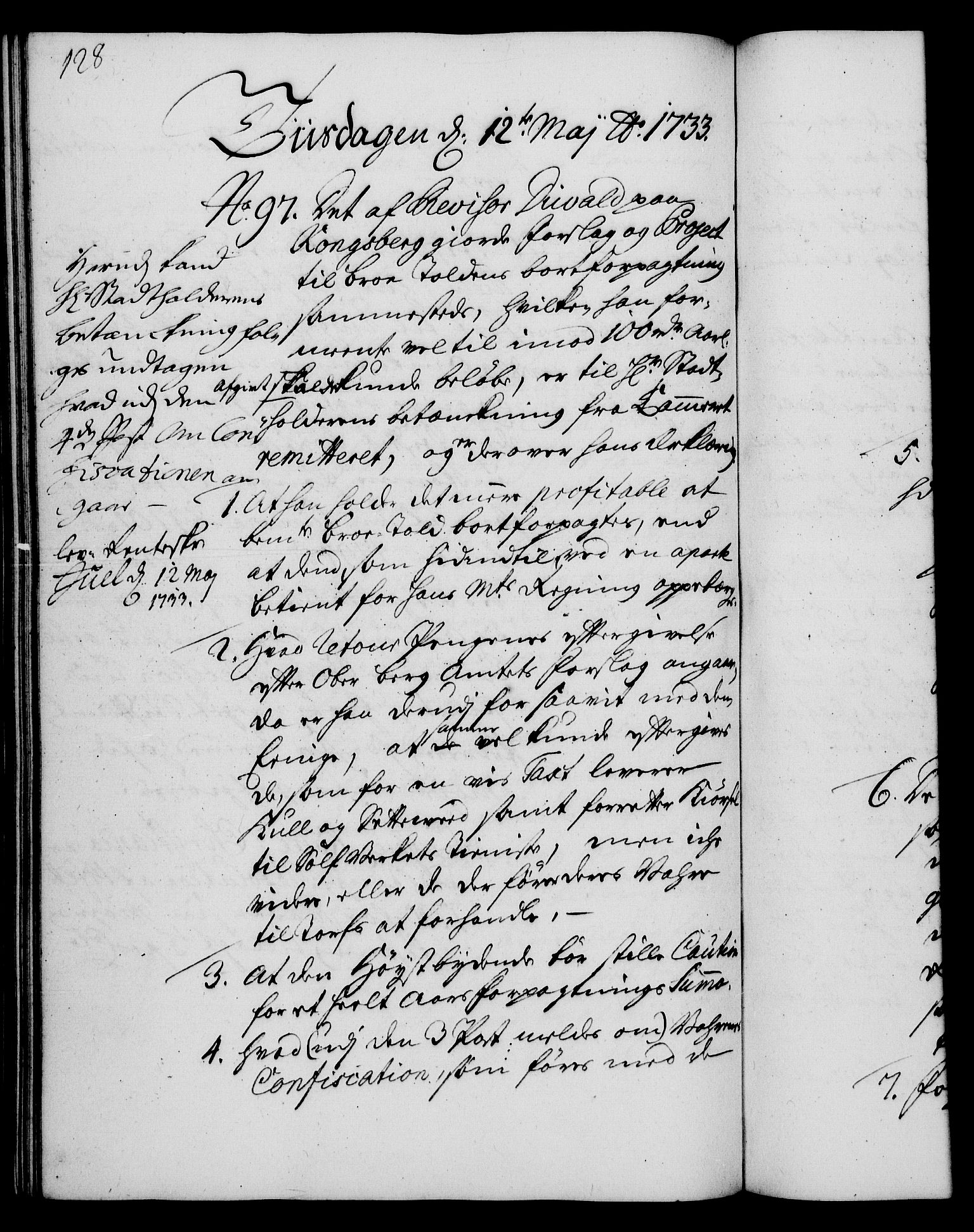 Rentekammeret, Kammerkanselliet, RA/EA-3111/G/Gh/Gha/L0015: Norsk ekstraktmemorialprotokoll (merket RK 53.60), 1733, s. 128
