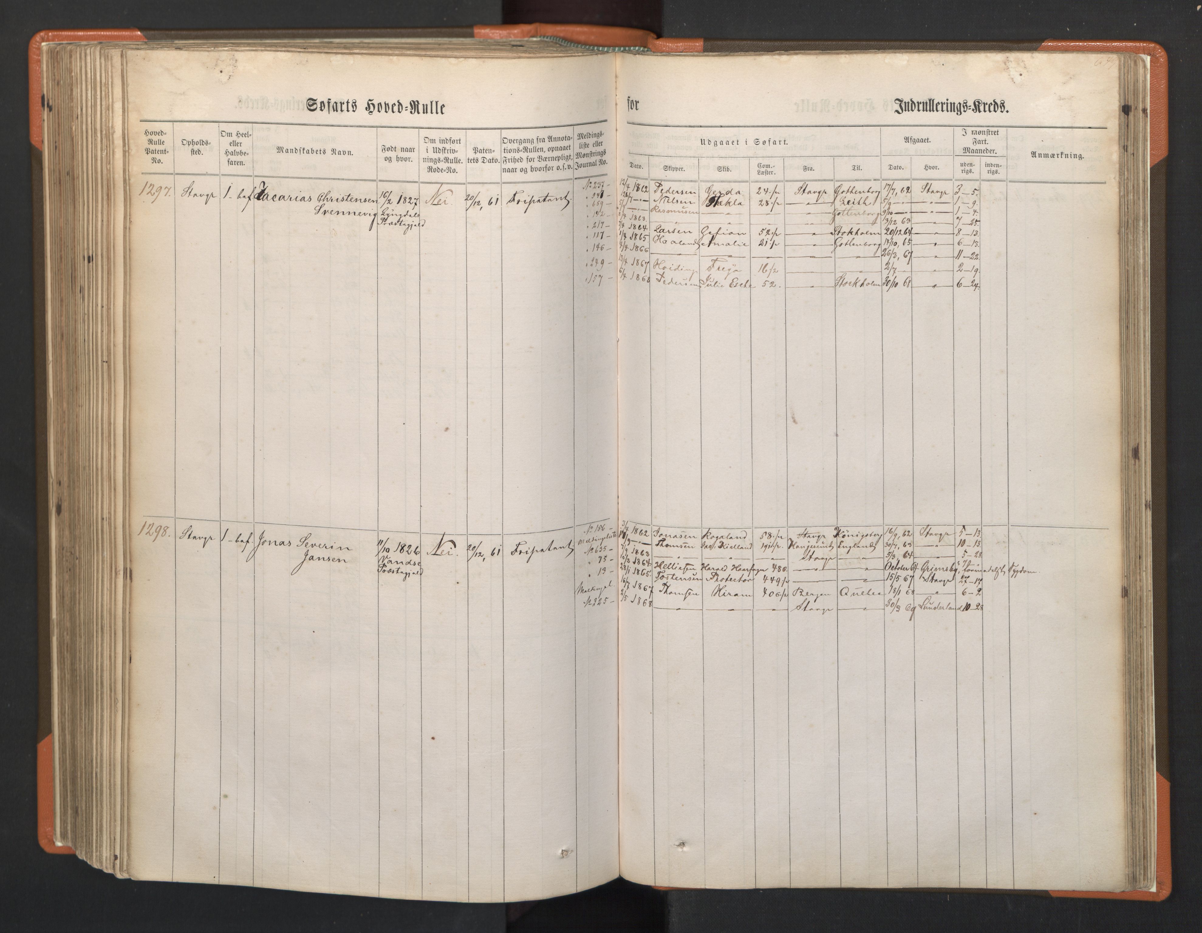 Stavanger sjømannskontor, AV/SAST-A-102006/F/Fb/Fbb/L0002: Sjøfartshovedrulle, patentnr. 721-1450 (del 2), 1863, s. 297