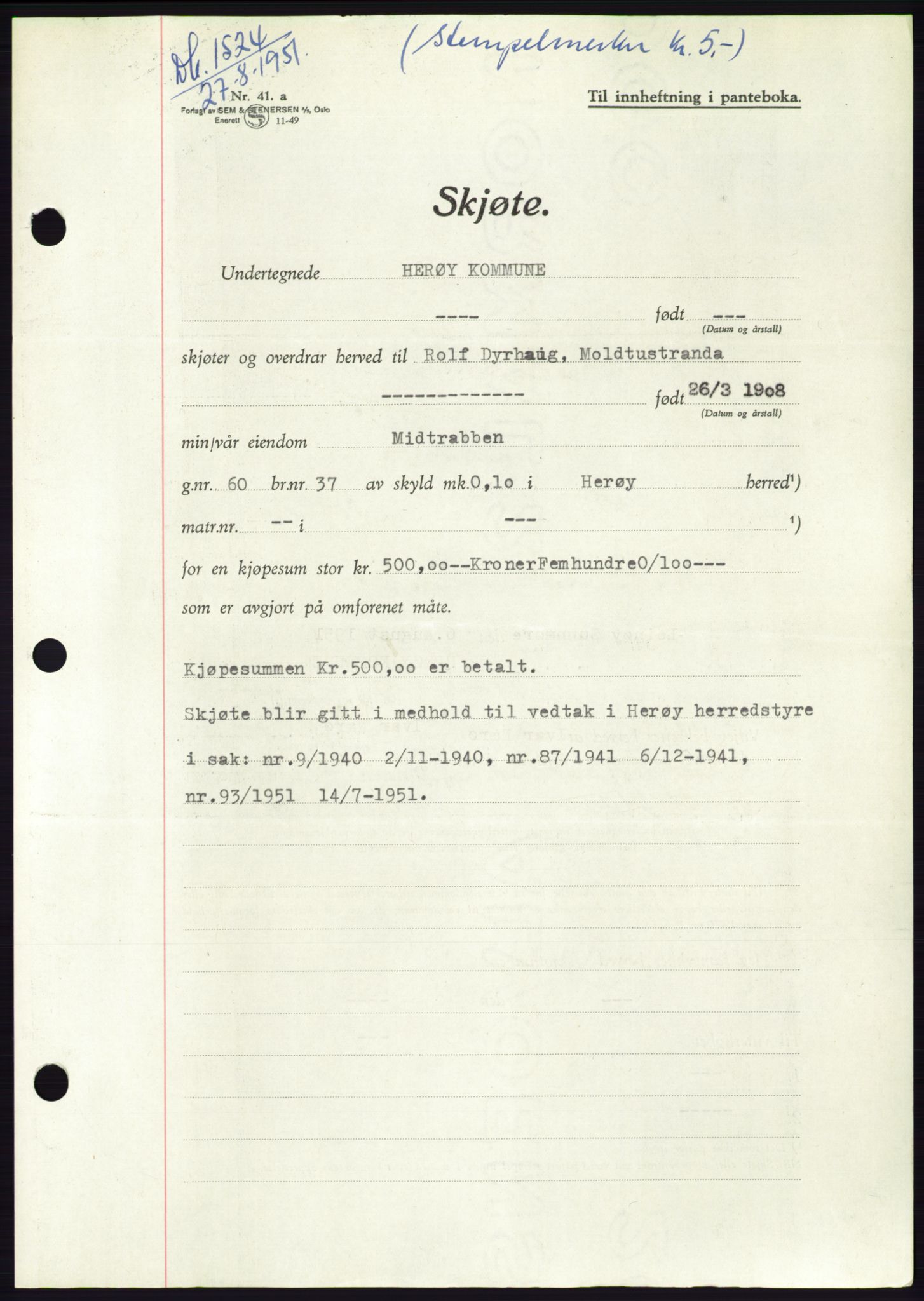 Søre Sunnmøre sorenskriveri, AV/SAT-A-4122/1/2/2C/L0089: Pantebok nr. 15A, 1951-1951, Dagboknr: 1524/1951