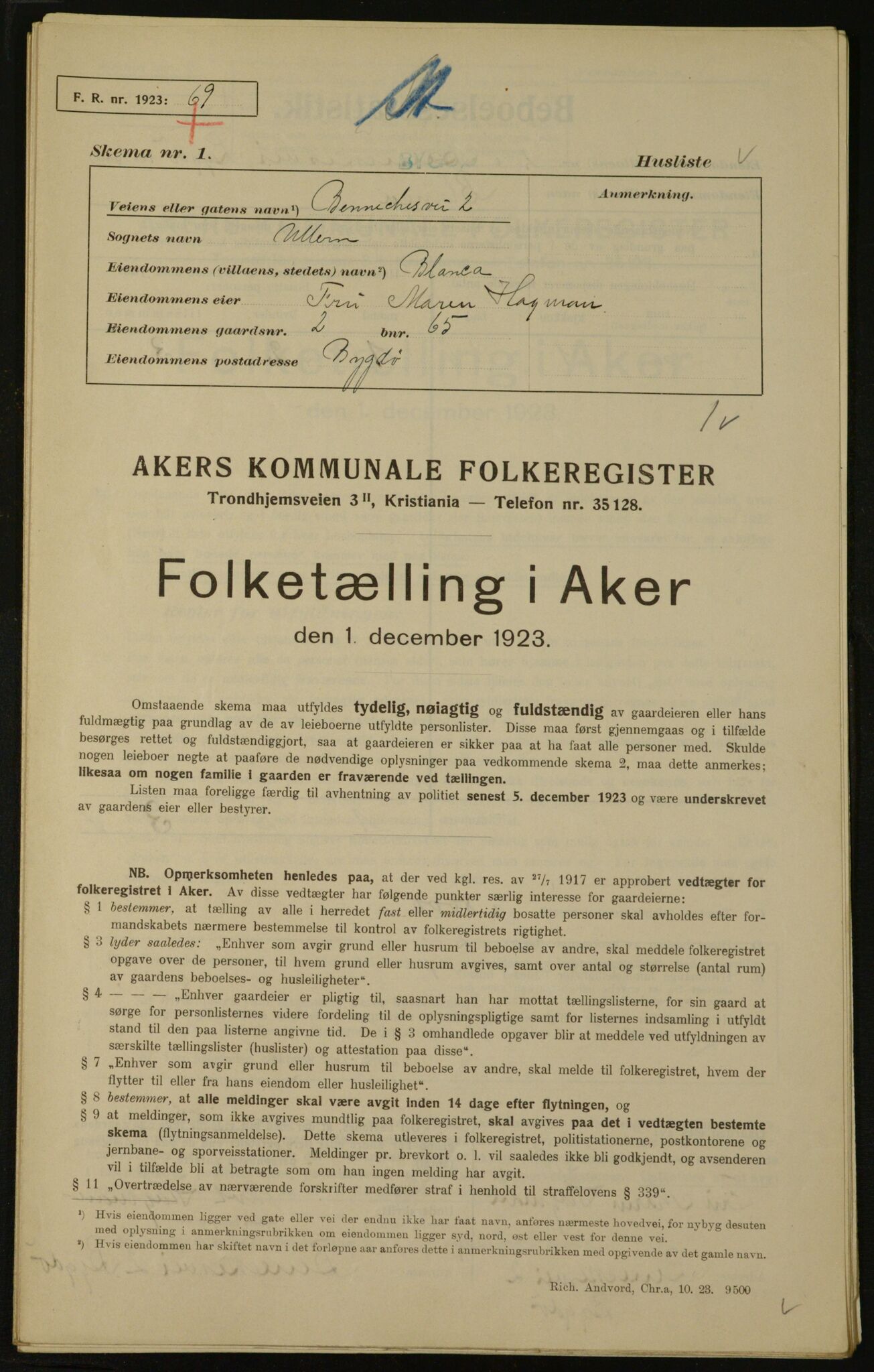 , Kommunal folketelling 1.12.1923 for Aker, 1923, s. 353