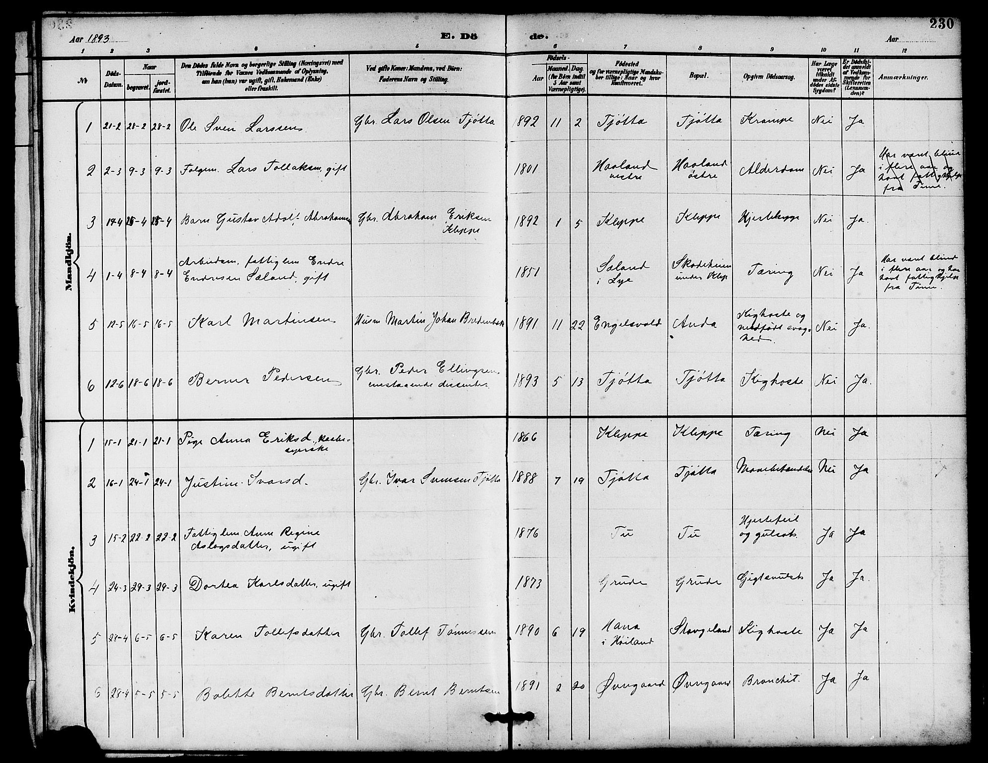 Klepp sokneprestkontor, AV/SAST-A-101803/001/3/30BB/L0004: Klokkerbok nr. B 4, 1889-1914, s. 230