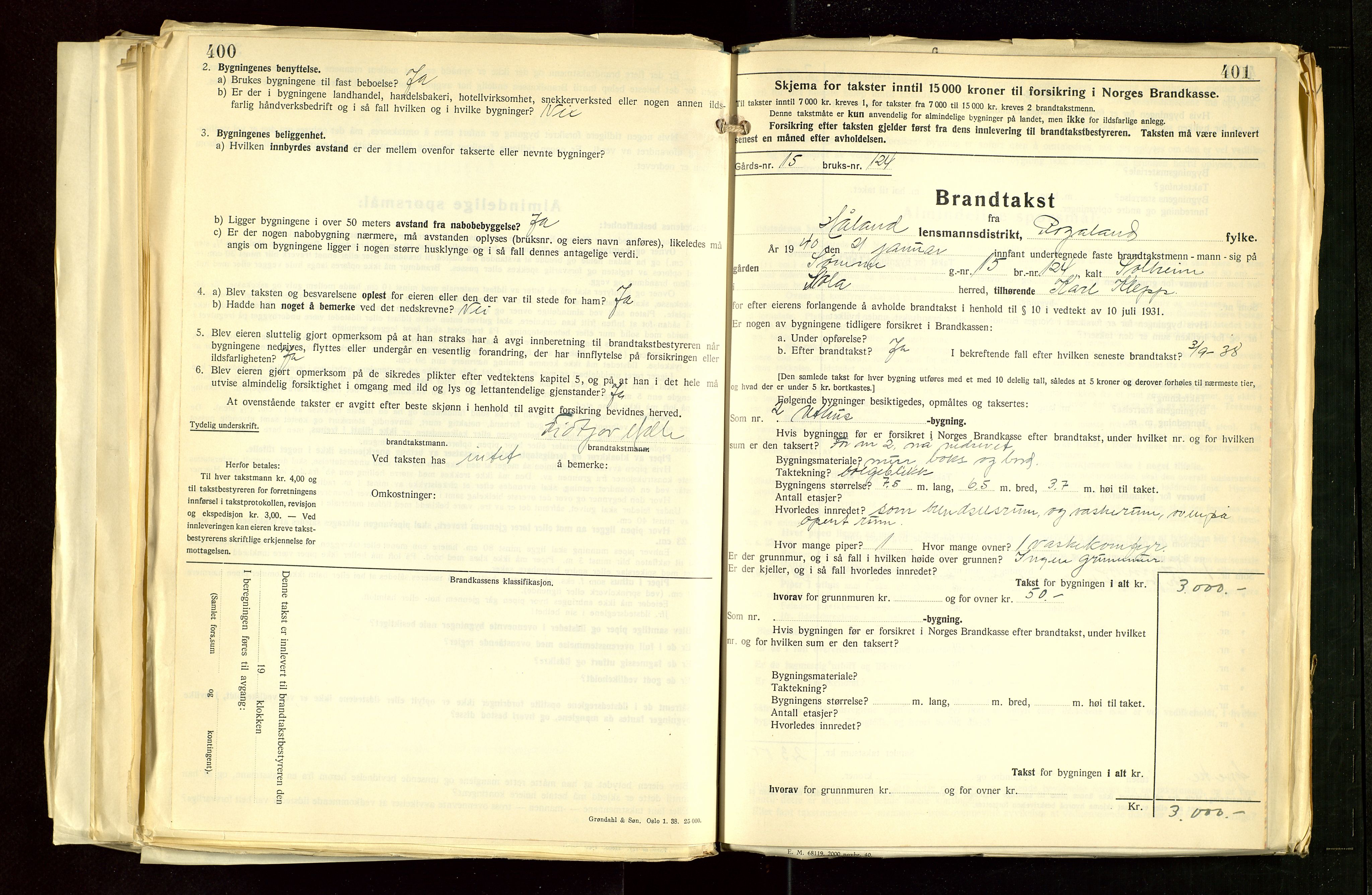 Håland lensmannskontor, AV/SAST-A-100100/Gob/L0012: "Brandtakstprotokoll" - skjematakst. Register i boken., 1938-1941, s. 400-401