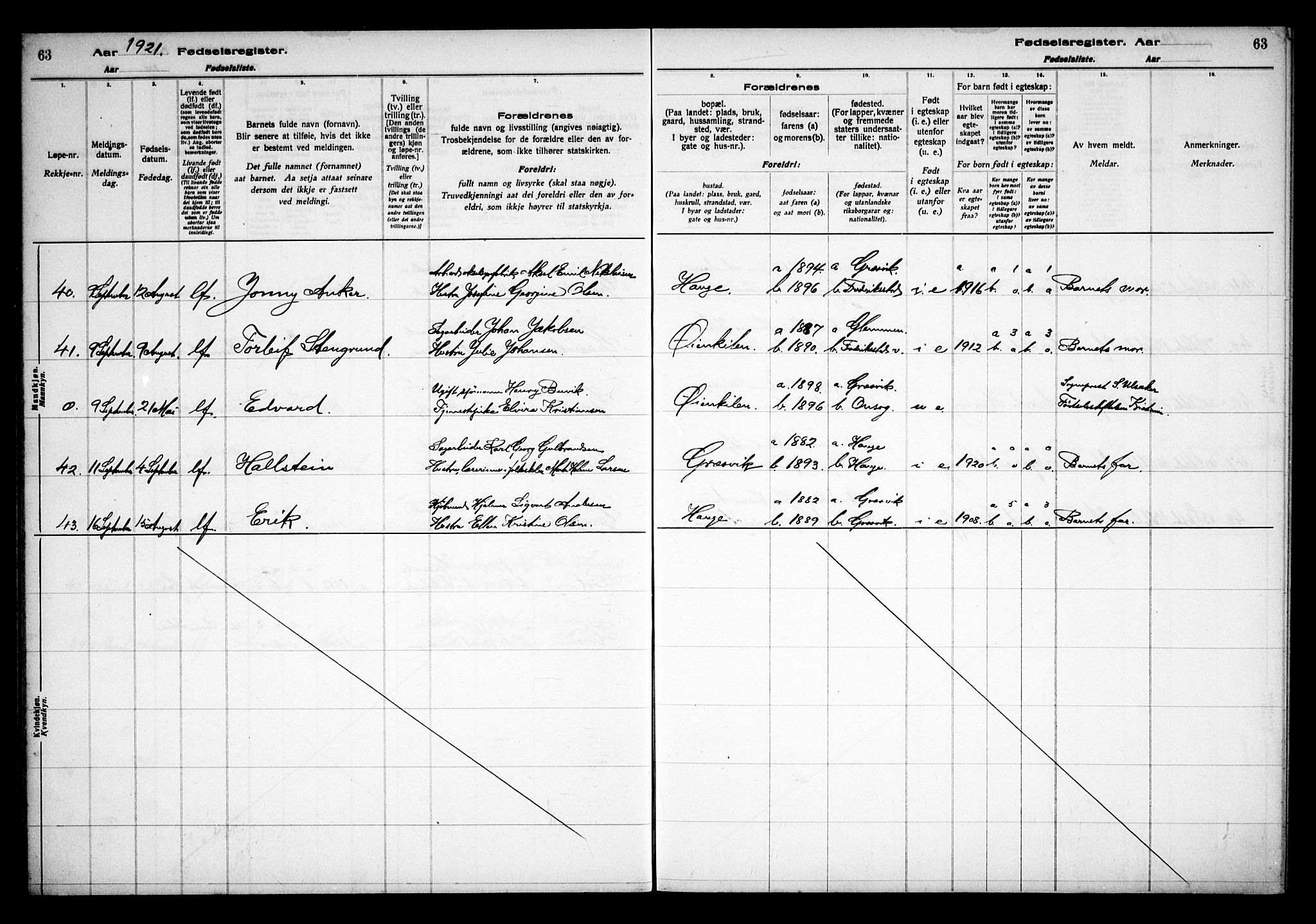 Onsøy prestekontor Kirkebøker, AV/SAO-A-10914/J/Jb/L0001: Fødselsregister nr. II 1, 1916-1938, s. 63