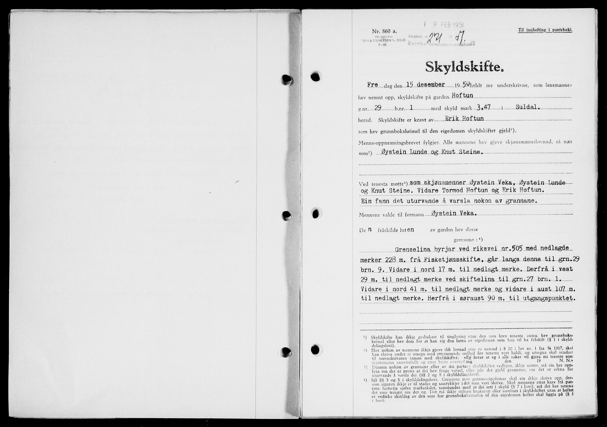 Ryfylke tingrett, SAST/A-100055/001/II/IIB/L0113: Pantebok nr. 92, 1951-1951, Dagboknr: 271/1951