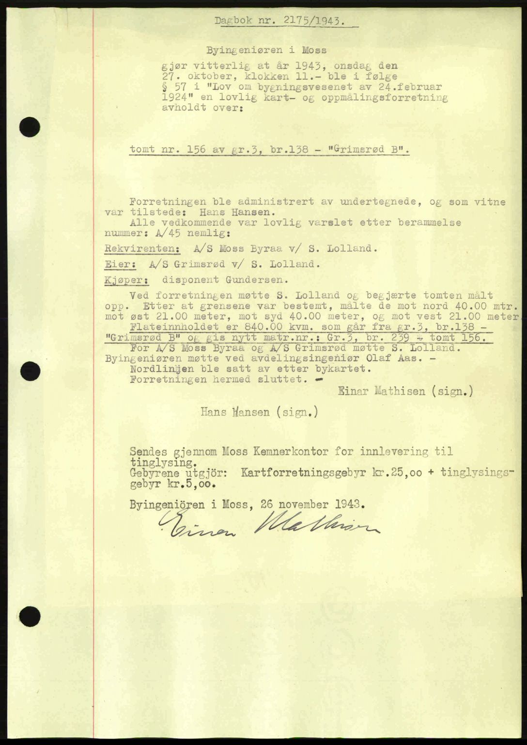 Moss sorenskriveri, SAO/A-10168: Pantebok nr. A12, 1943-1944, Dagboknr: 2175/1943
