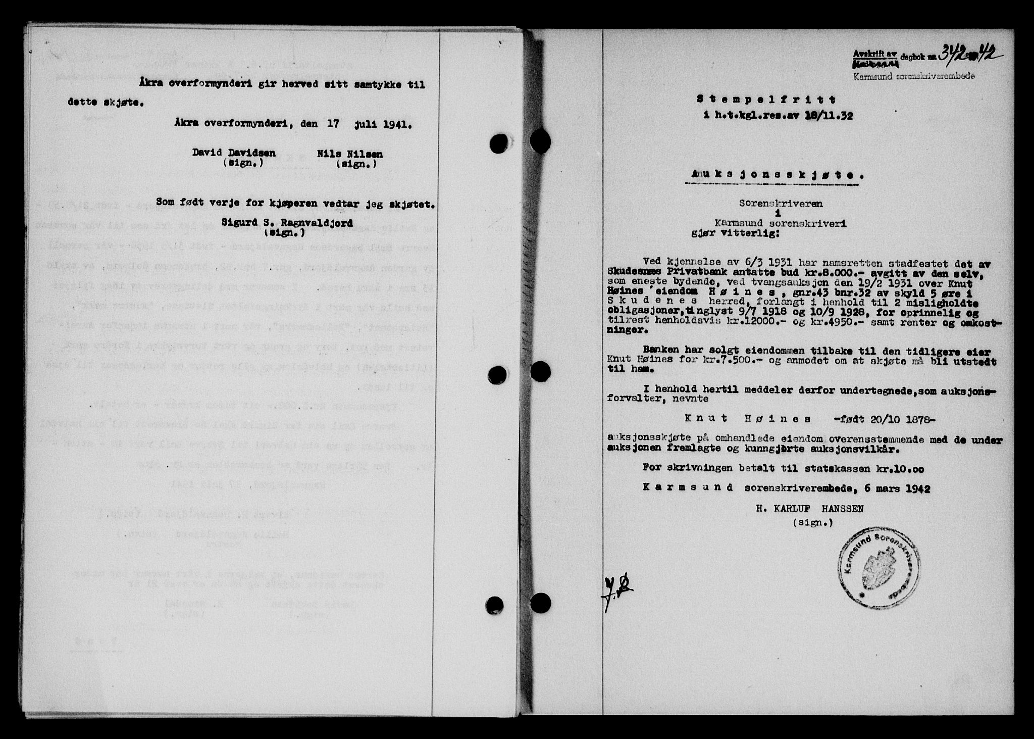 Karmsund sorenskriveri, SAST/A-100311/01/II/IIB/L0077: Pantebok nr. 58A, 1942-1942, Dagboknr: 342/1942