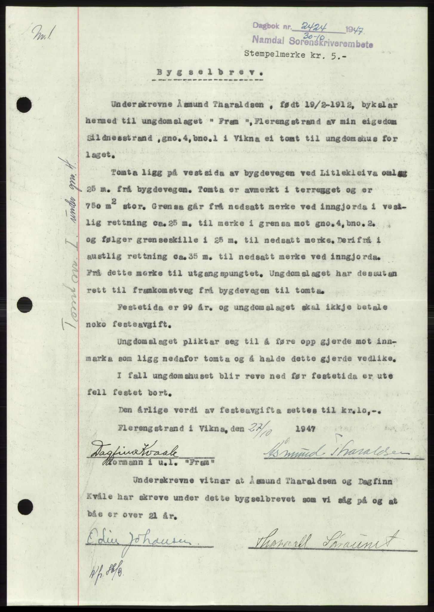 Namdal sorenskriveri, SAT/A-4133/1/2/2C: Pantebok nr. -, 1947-1947, Dagboknr: 2424/1947