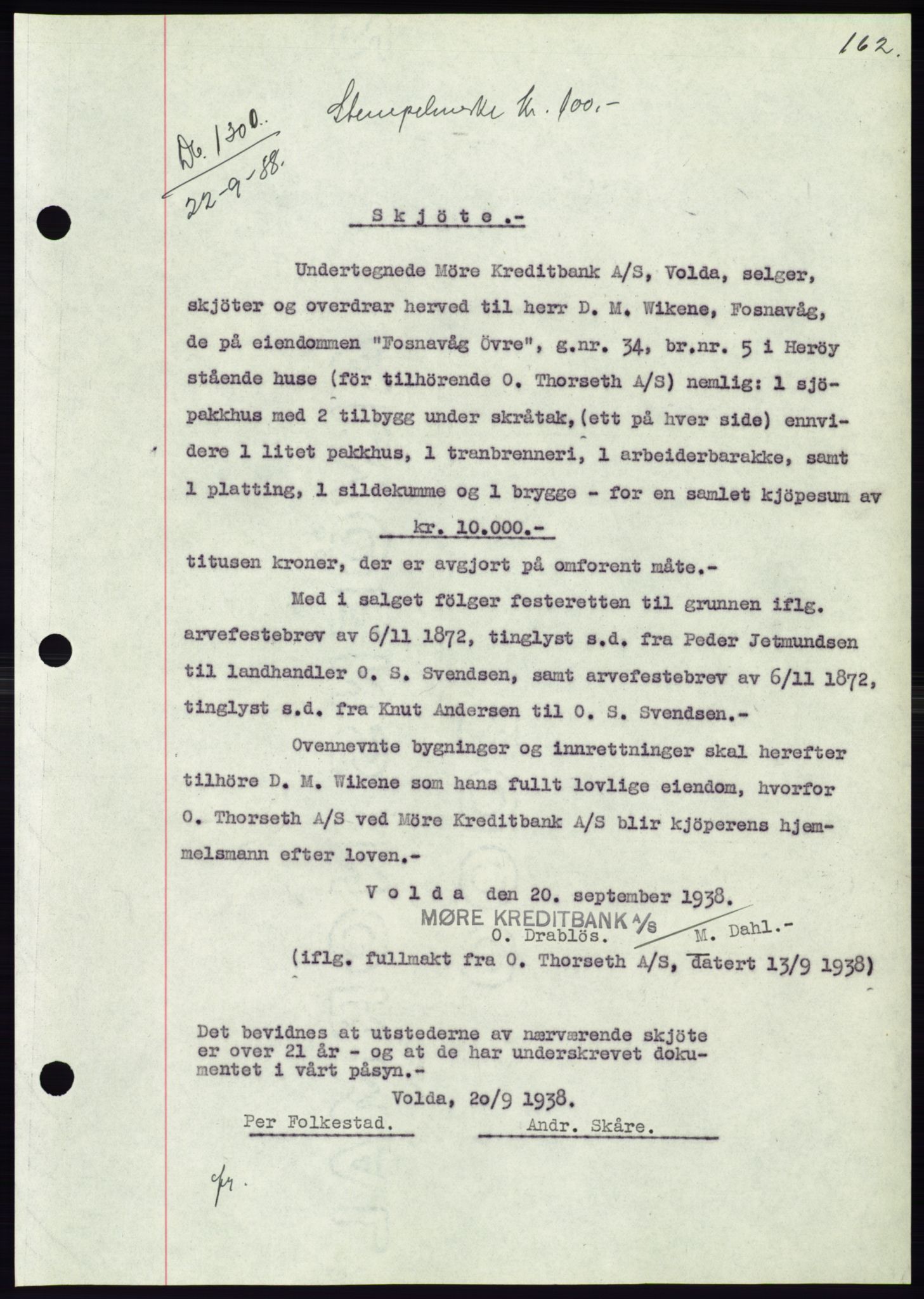 Søre Sunnmøre sorenskriveri, AV/SAT-A-4122/1/2/2C/L0066: Pantebok nr. 60, 1938-1938, Dagboknr: 1300/1938