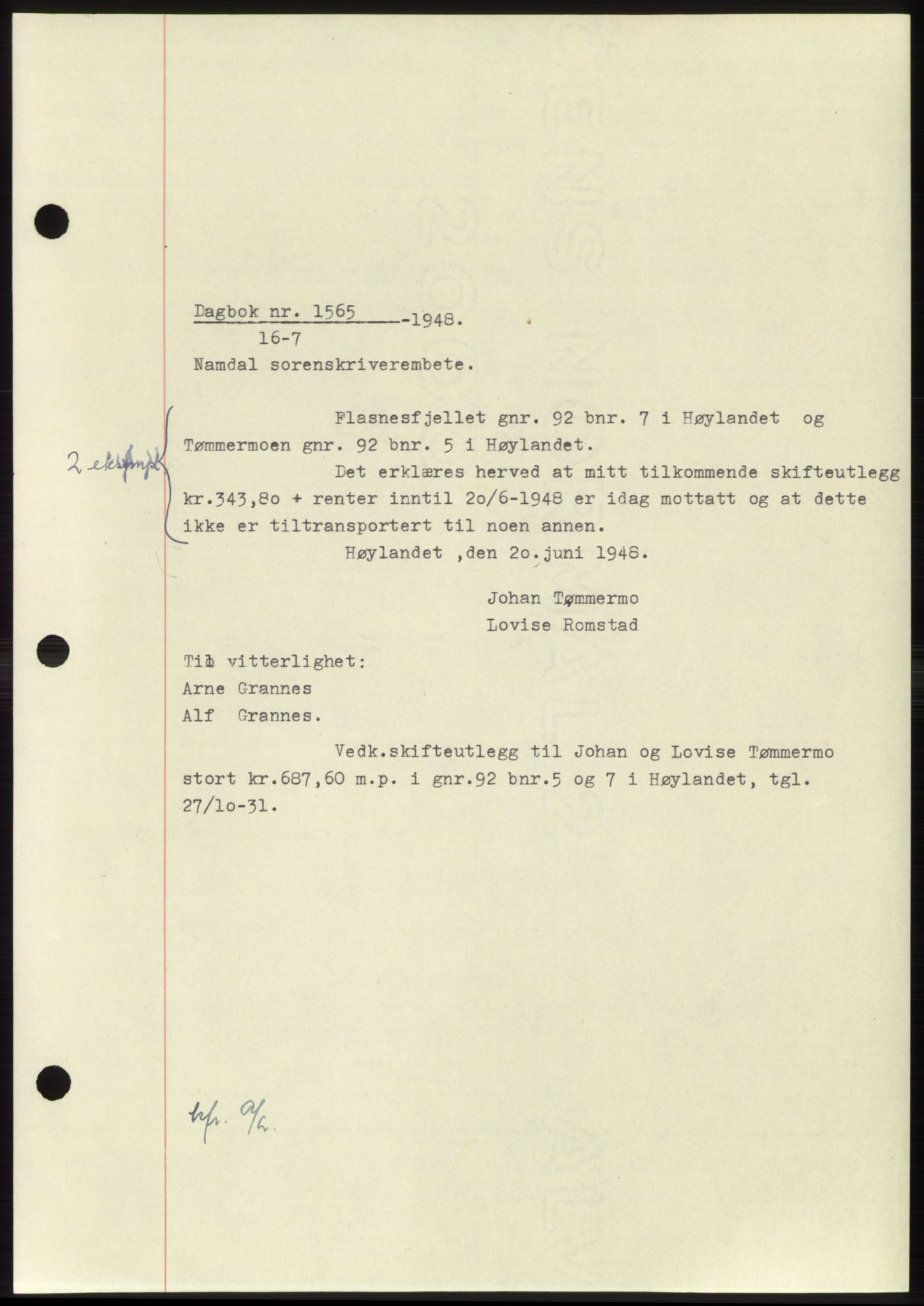 Namdal sorenskriveri, SAT/A-4133/1/2/2C: Pantebok nr. -, 1948-1948, Dagboknr: 1565/1948
