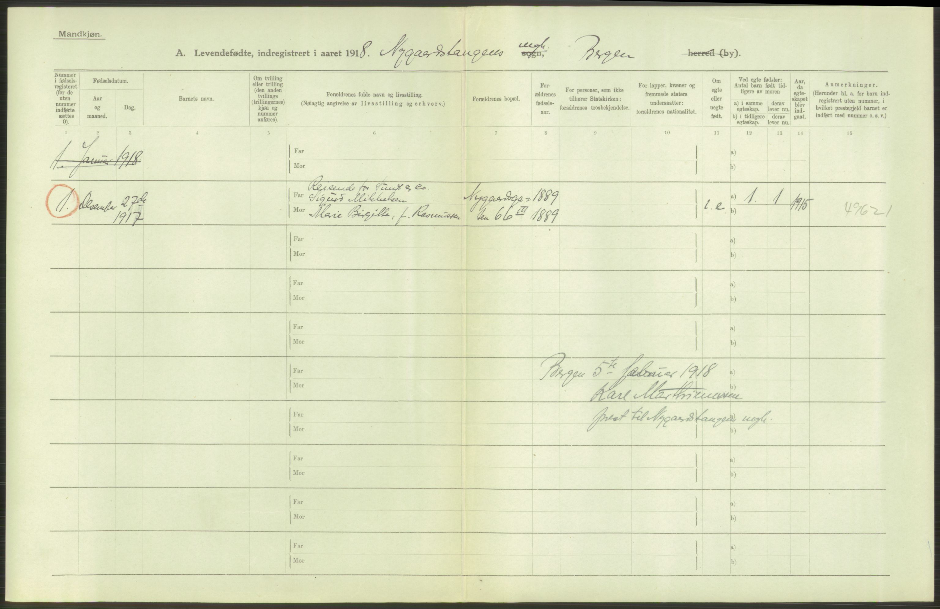 Statistisk sentralbyrå, Sosiodemografiske emner, Befolkning, AV/RA-S-2228/D/Df/Dfb/Dfbh/L0037: Bergen: Levendefødte menn og kvinner., 1918, s. 2