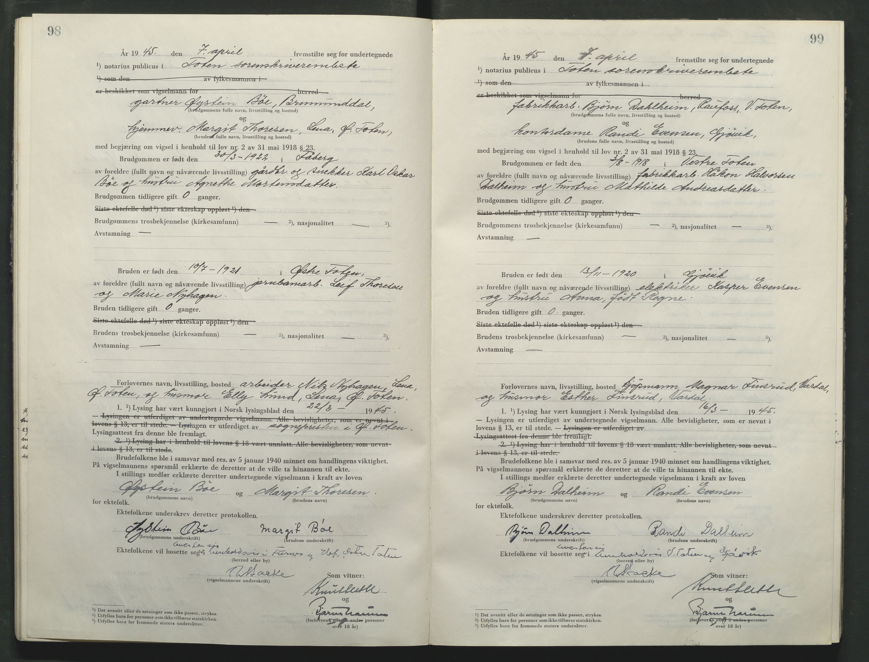 Toten tingrett, AV/SAH-TING-006/L/Lc/L0005: Vigselbok, 1944-1948, s. 98-99