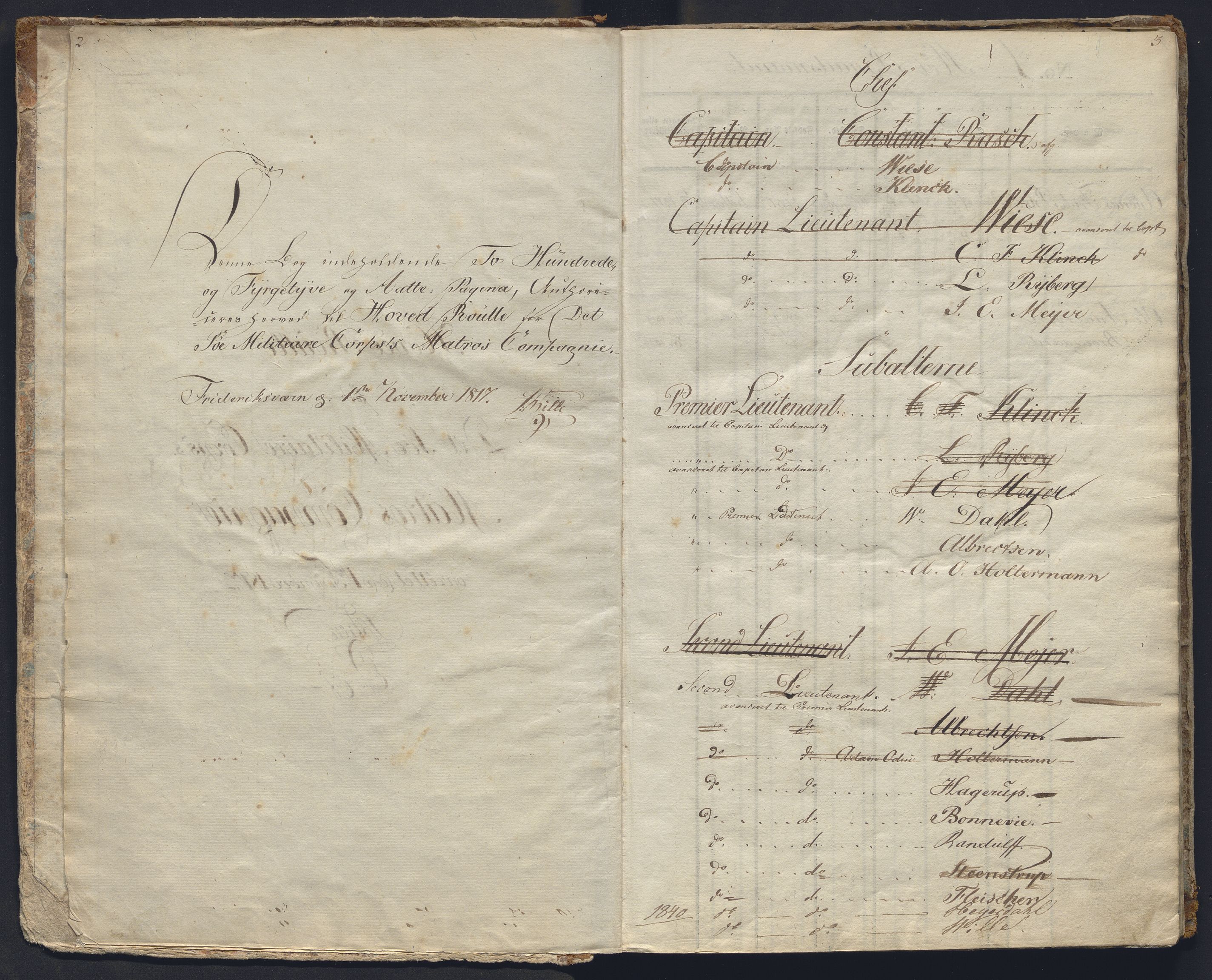 Forsvaret, Sjømilitære korps, Håndverkskorpset og Minekorpset, AV/RA-RAFA-1907/P/Pa/L0001: Hovedrulle Matroskompaniet, 1817, s. 2-3