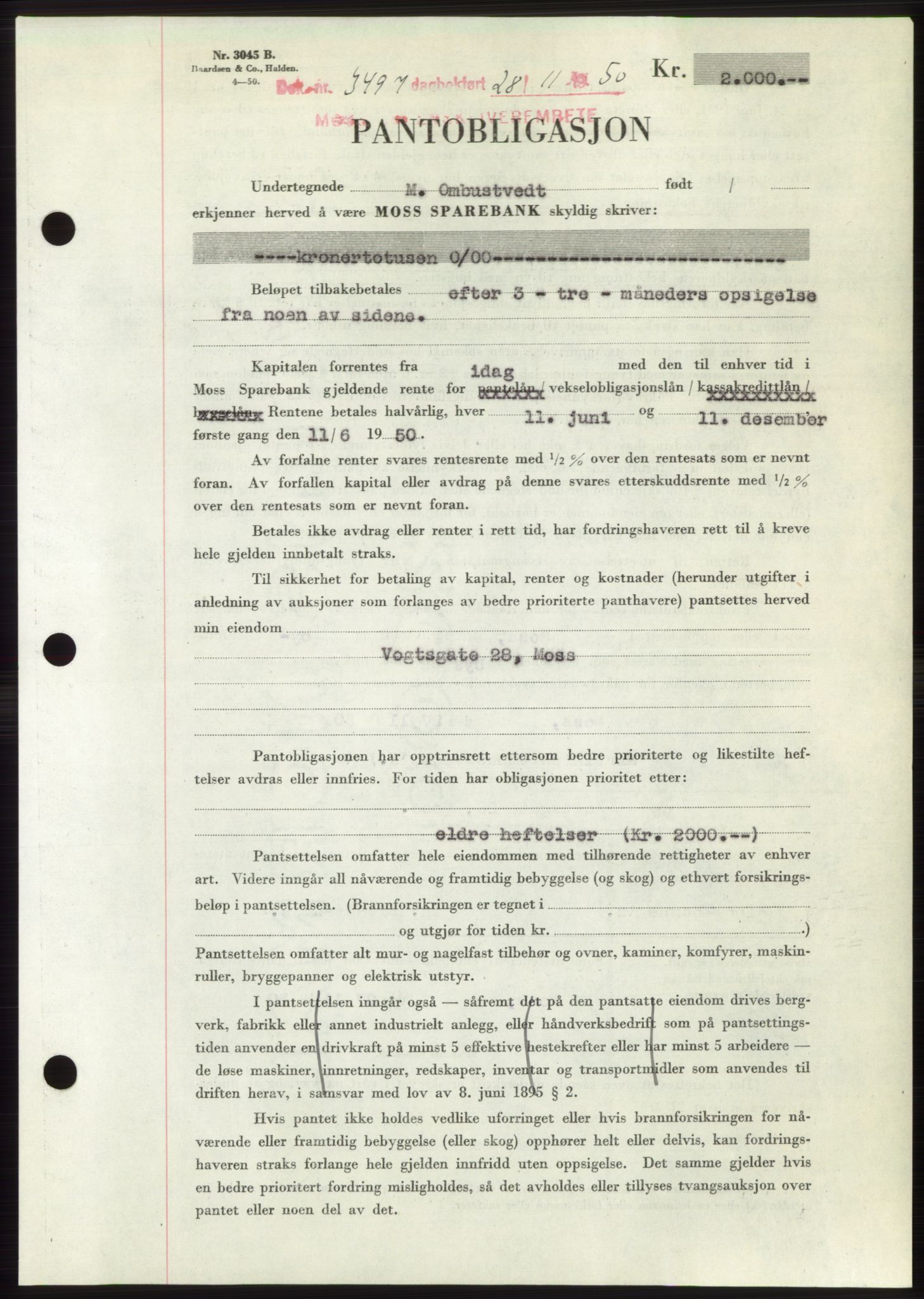 Moss sorenskriveri, SAO/A-10168: Pantebok nr. B25, 1950-1950, Dagboknr: 3497/1950