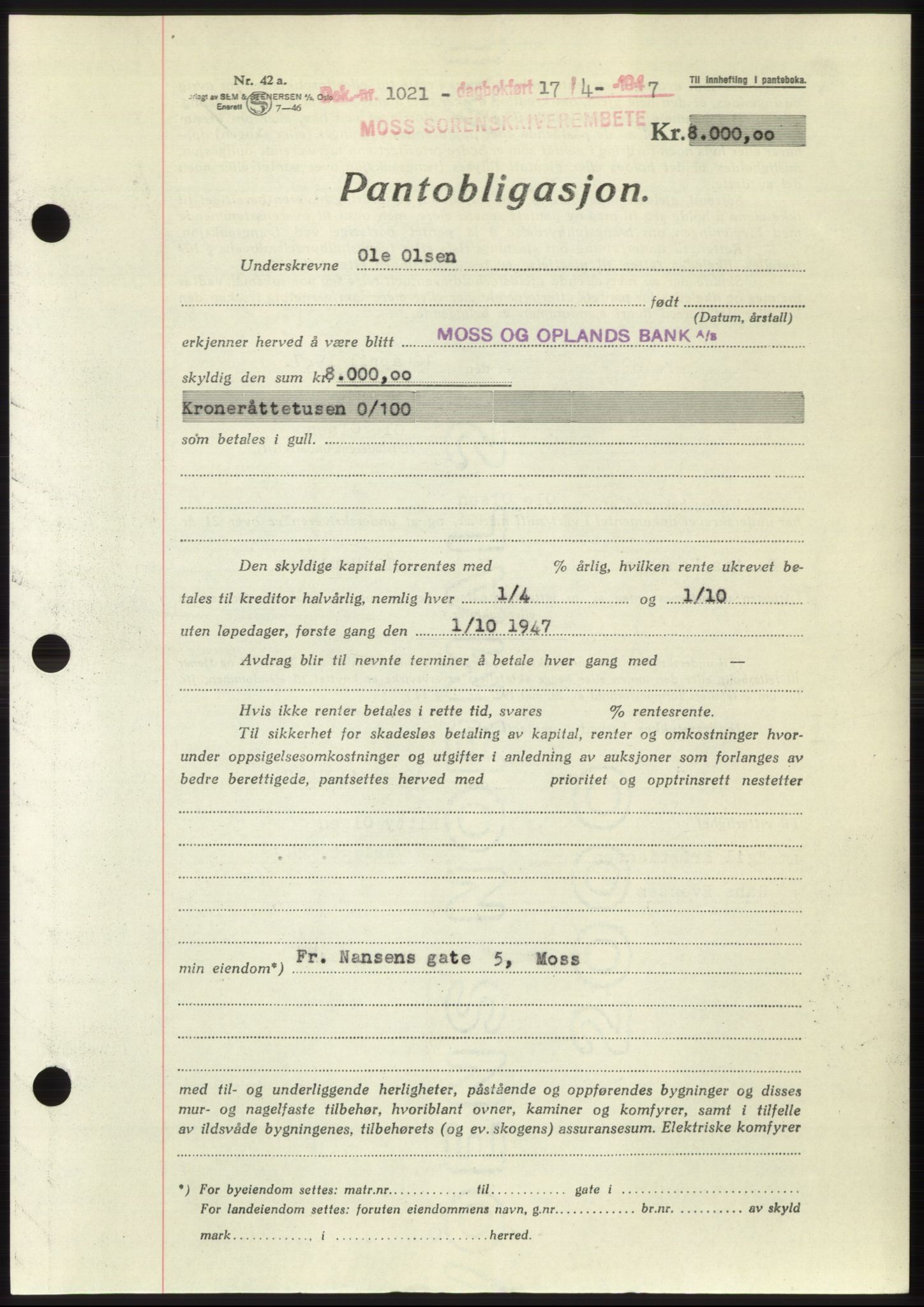 Moss sorenskriveri, SAO/A-10168: Pantebok nr. B17, 1947-1947, Dagboknr: 1021/1947