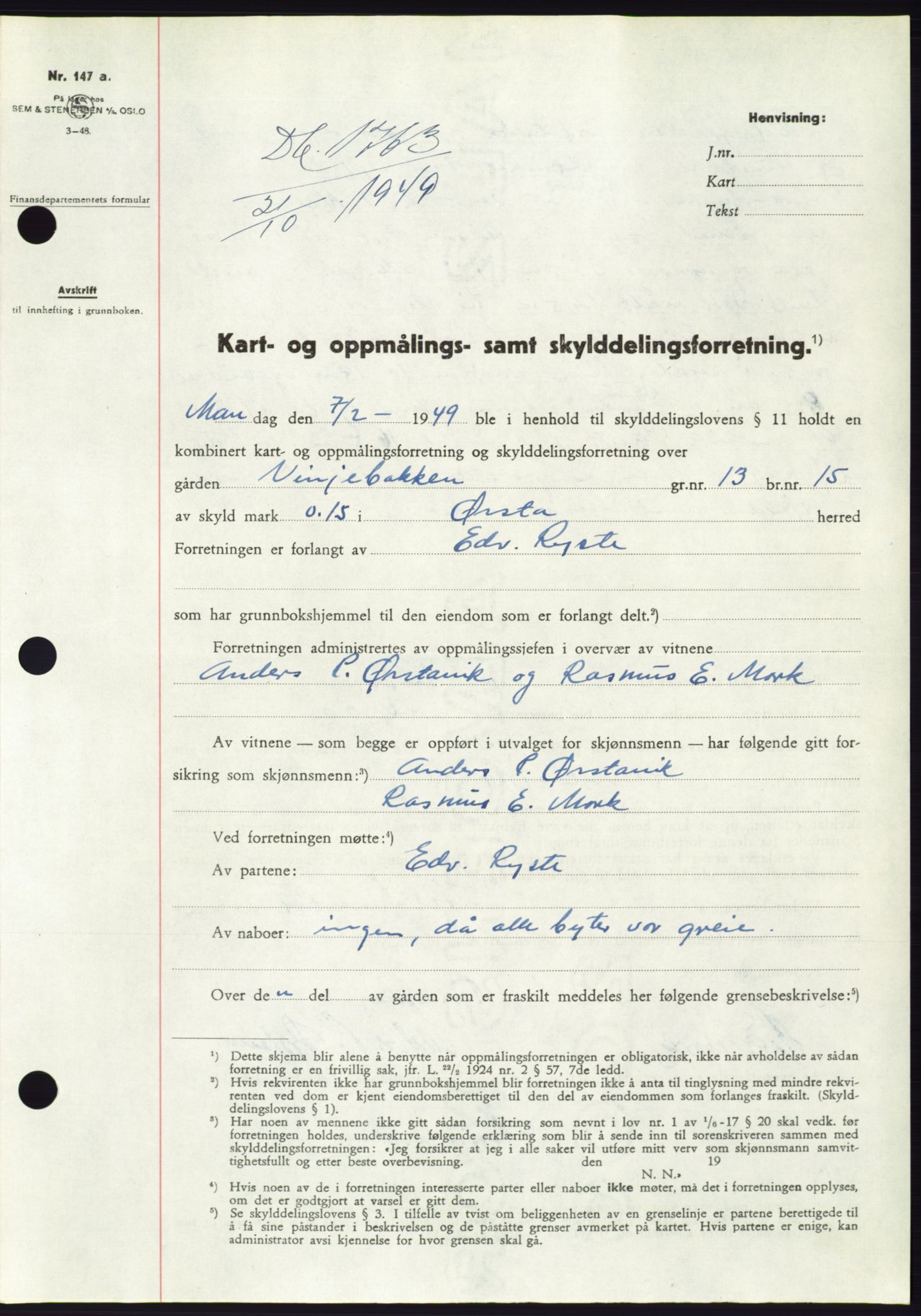 Søre Sunnmøre sorenskriveri, SAT/A-4122/1/2/2C/L0085: Pantebok nr. 11A, 1949-1949, Dagboknr: 1763/1949