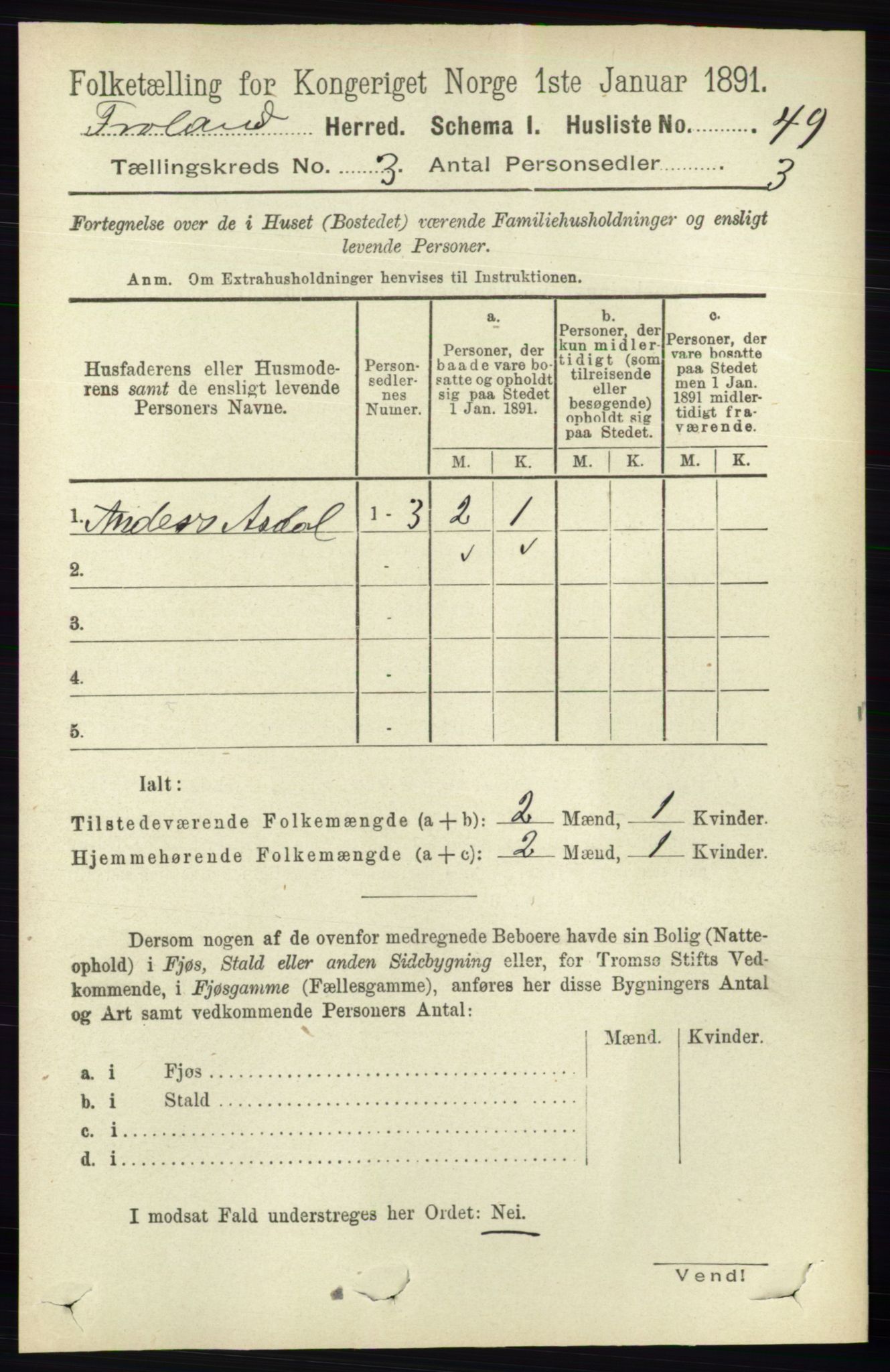 RA, Folketelling 1891 for 0919 Froland herred, 1891, s. 1007