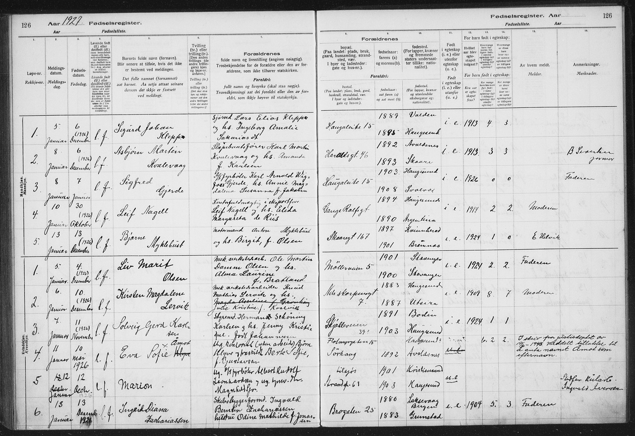 Haugesund sokneprestkontor, AV/SAST-A -101863/I/Id/L0005: Fødselsregister nr. 3, 1923-1929, s. 126