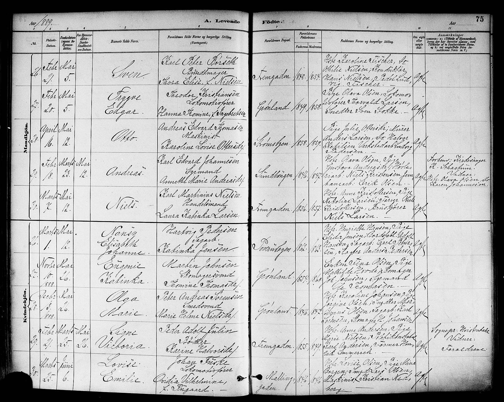 Strømsø kirkebøker, AV/SAKO-A-246/F/Fa/L0023: Ministerialbok nr. I 23, 1885-1894, s. 75
