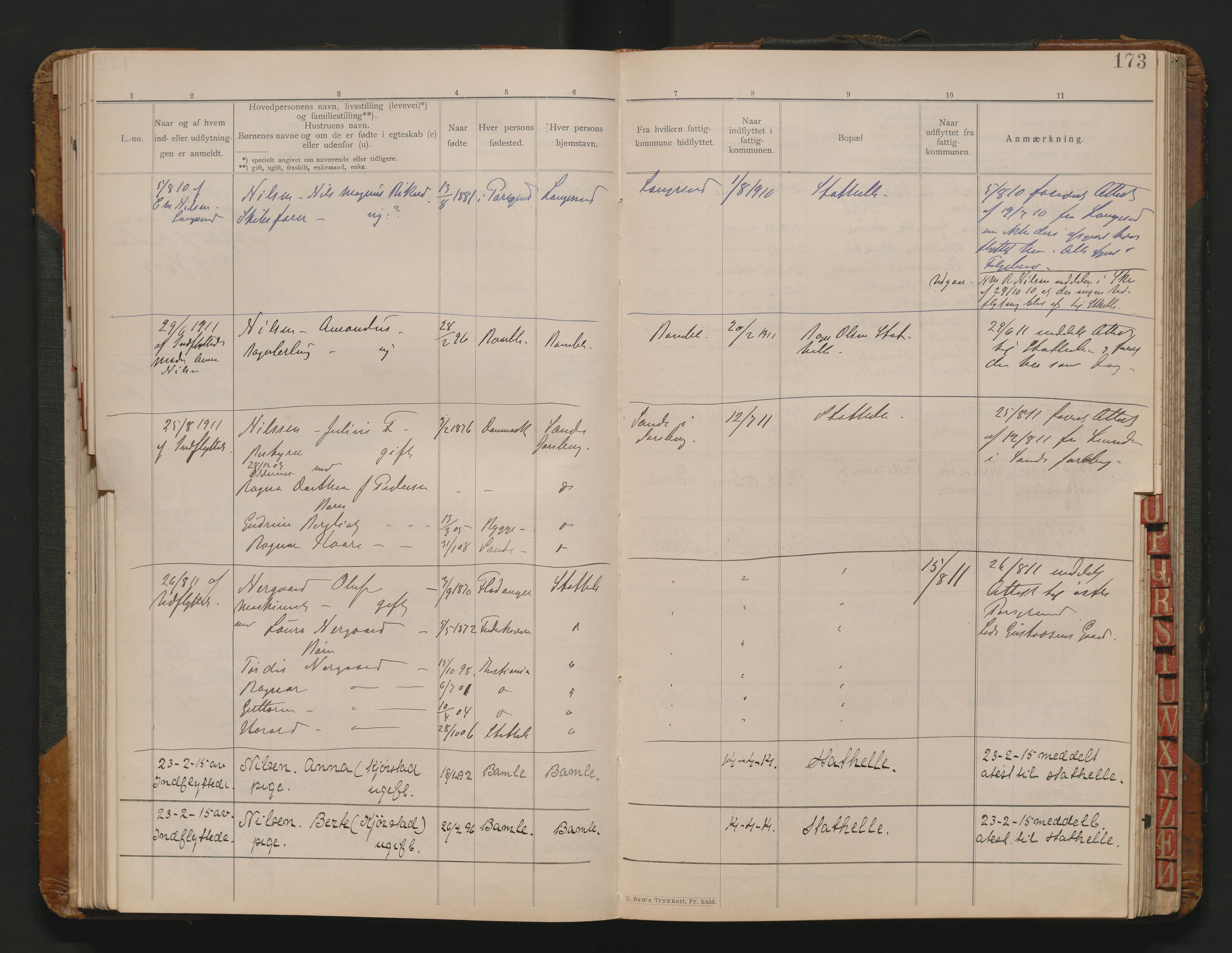 Bamble lensmannskontor, AV/SAKO-A-552/O/Oa/L0005: Protokoll over inn- og utflyttede - Stathelle, 1901-1930, s. 88