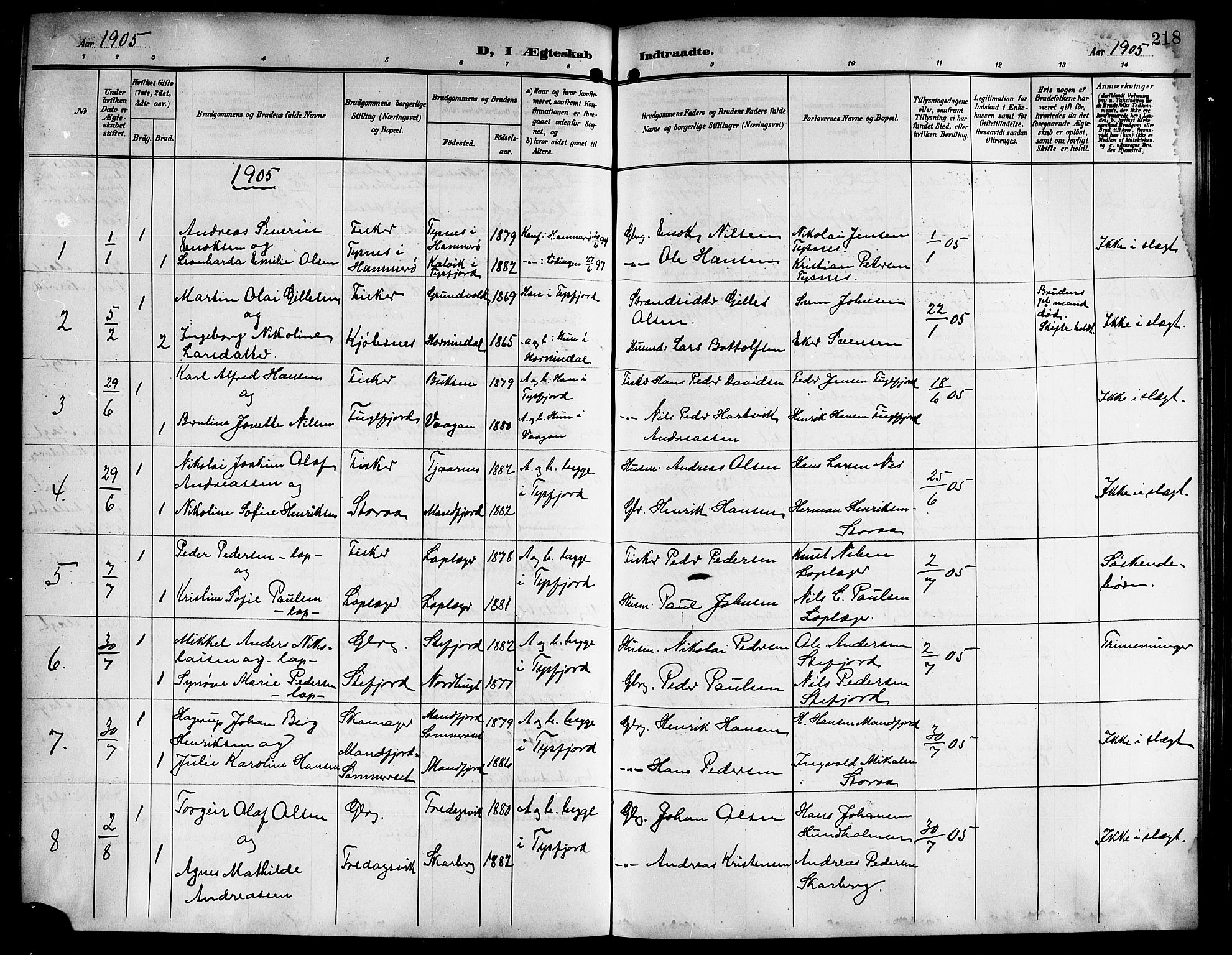Ministerialprotokoller, klokkerbøker og fødselsregistre - Nordland, AV/SAT-A-1459/861/L0877: Klokkerbok nr. 861C03, 1903-1919, s. 218
