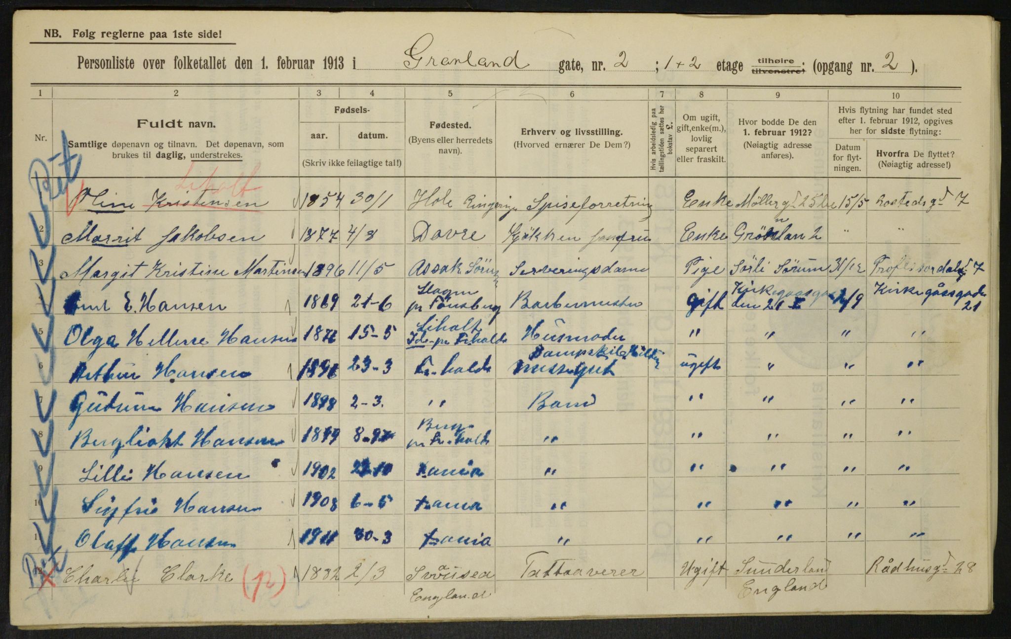 OBA, Kommunal folketelling 1.2.1913 for Kristiania, 1913, s. 31222