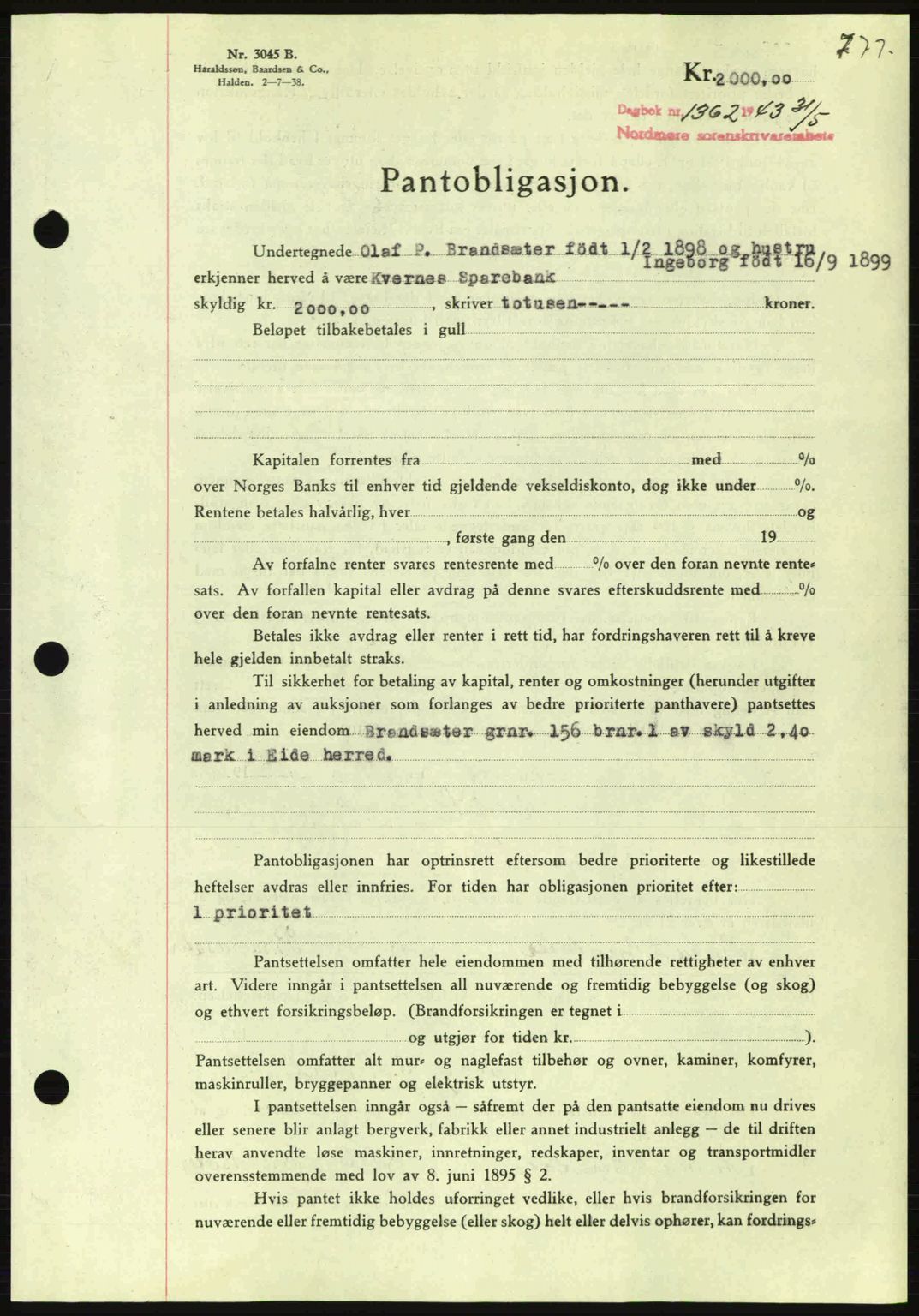 Nordmøre sorenskriveri, SAT/A-4132/1/2/2Ca: Pantebok nr. B90, 1942-1943, Dagboknr: 1362/1943