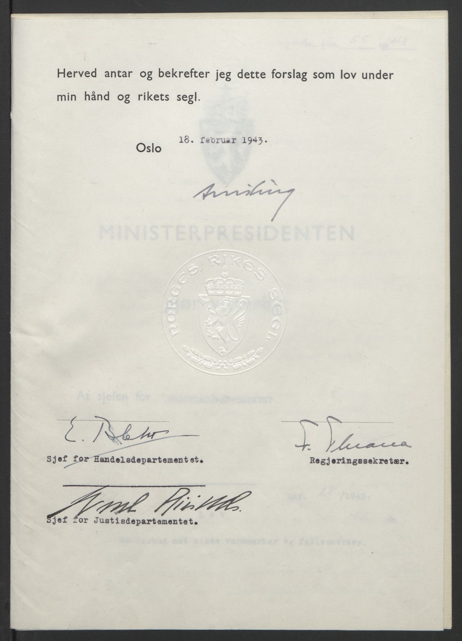 NS-administrasjonen 1940-1945 (Statsrådsekretariatet, de kommisariske statsråder mm), AV/RA-S-4279/D/Db/L0099: Lover, 1943, s. 118