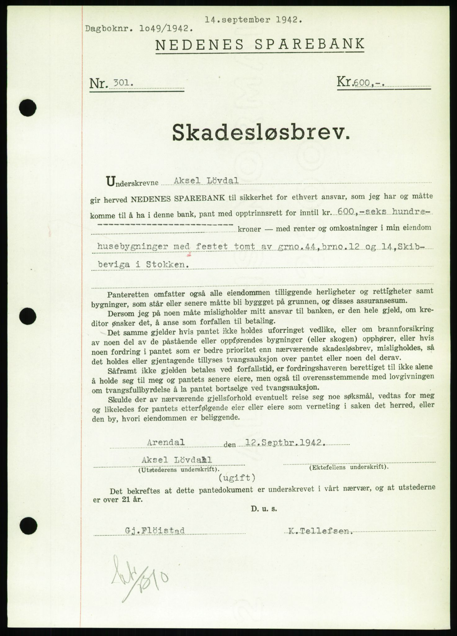 Nedenes sorenskriveri, SAK/1221-0006/G/Gb/Gbb/L0002: Pantebok nr. II, 1942-1945, Dagboknr: 1049/1942