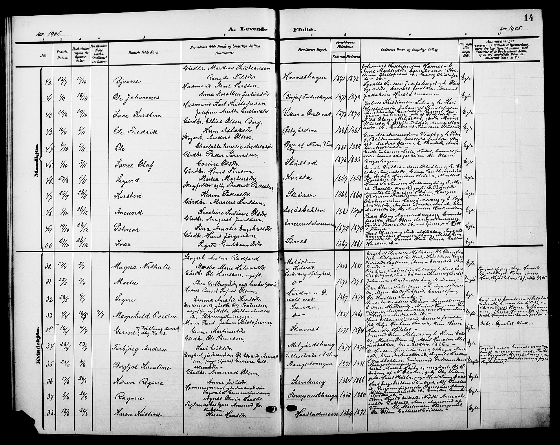 Sør-Odal prestekontor, AV/SAH-PREST-030/H/Ha/Hab/L0005: Klokkerbok nr. 5, 1903-1915, s. 14