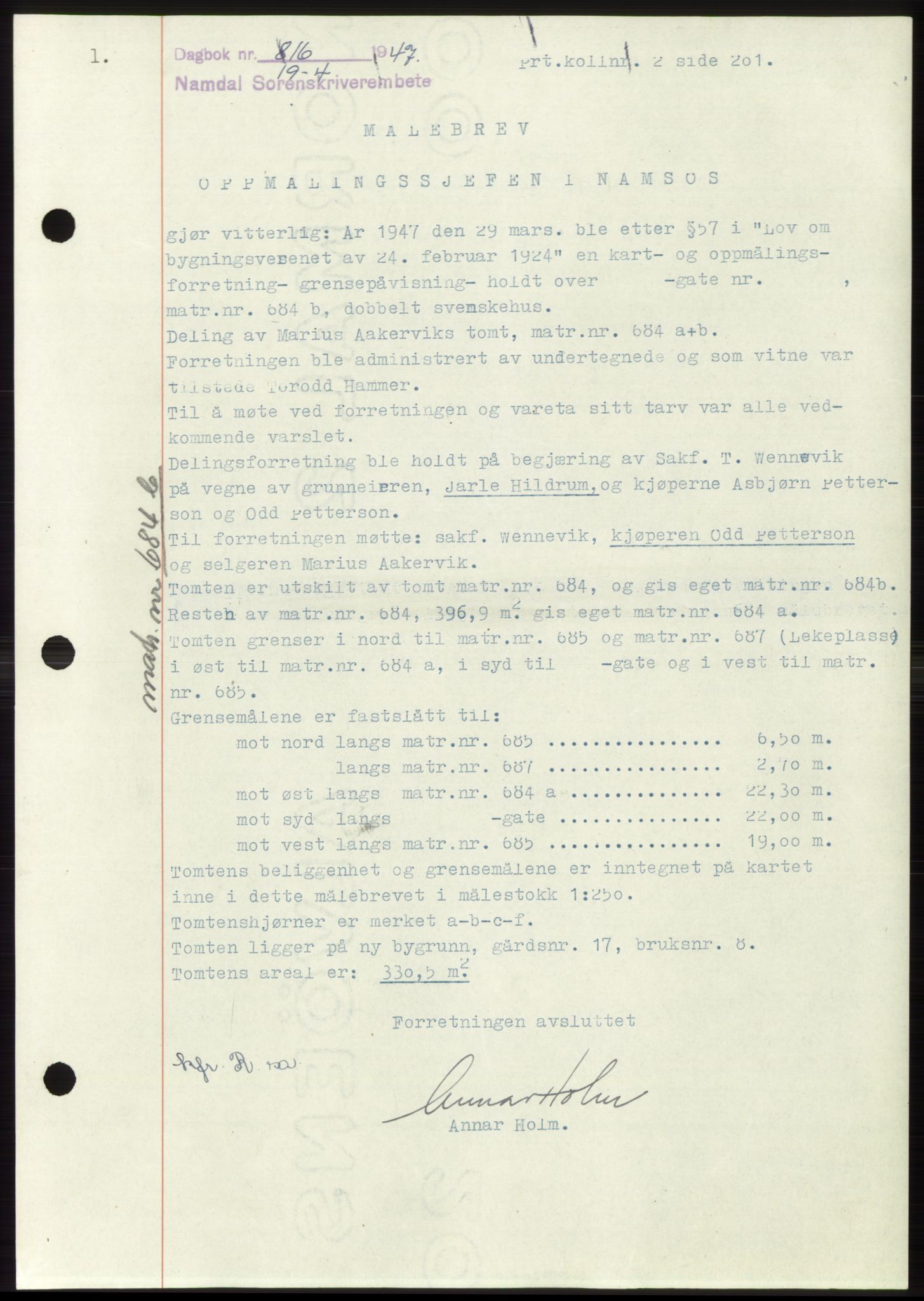 Namdal sorenskriveri, SAT/A-4133/1/2/2C: Pantebok nr. -, 1947-1947, Dagboknr: 816/1947