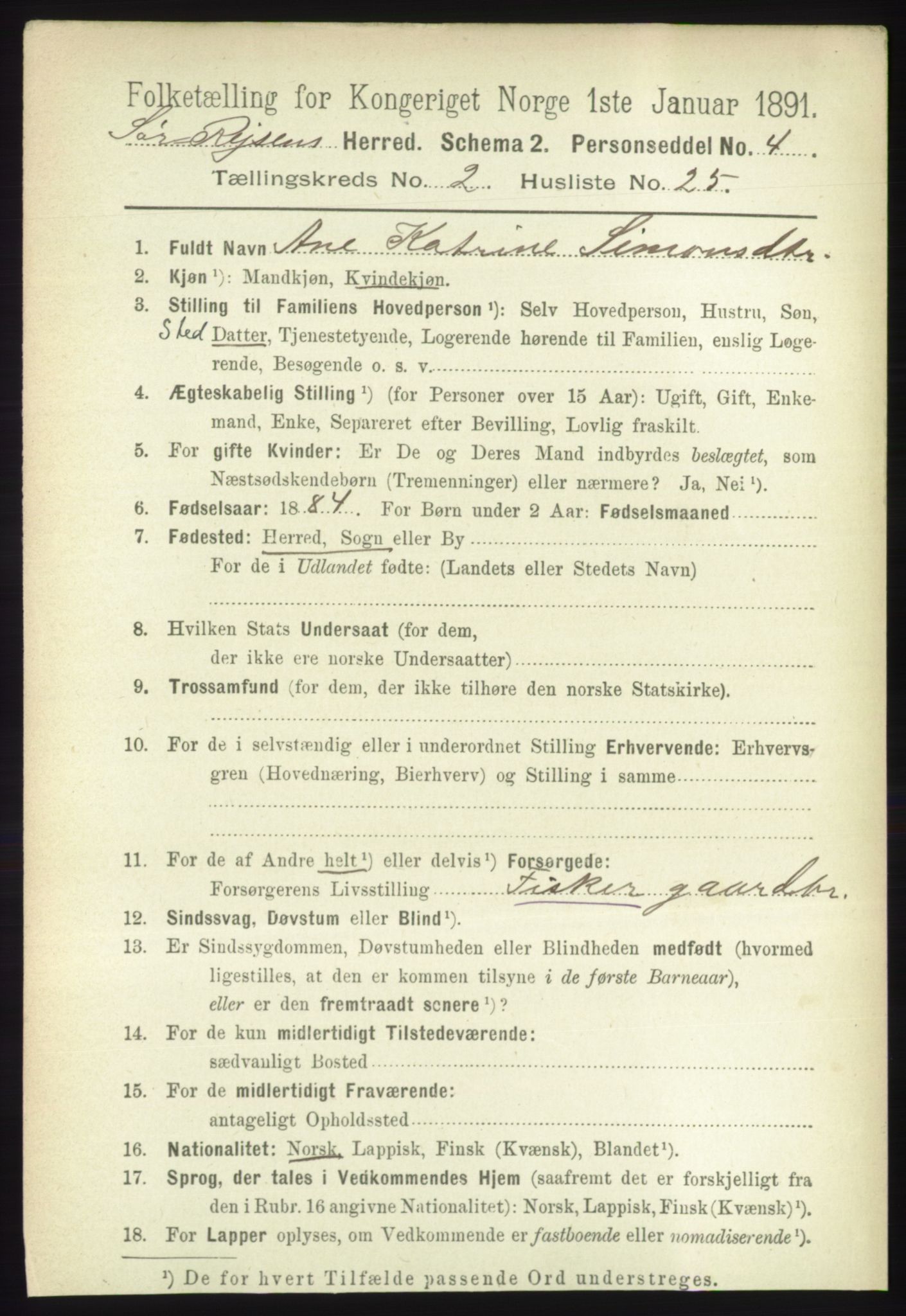 RA, Folketelling 1891 for 1925 Sørreisa herred, 1891, s. 517