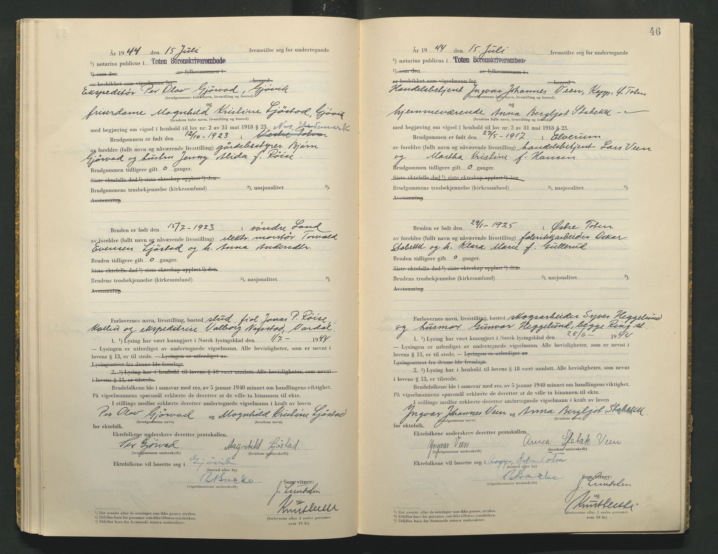 Toten tingrett, AV/SAH-TING-006/L/Lc/L0004: Vigselbok, 1944, s. 46