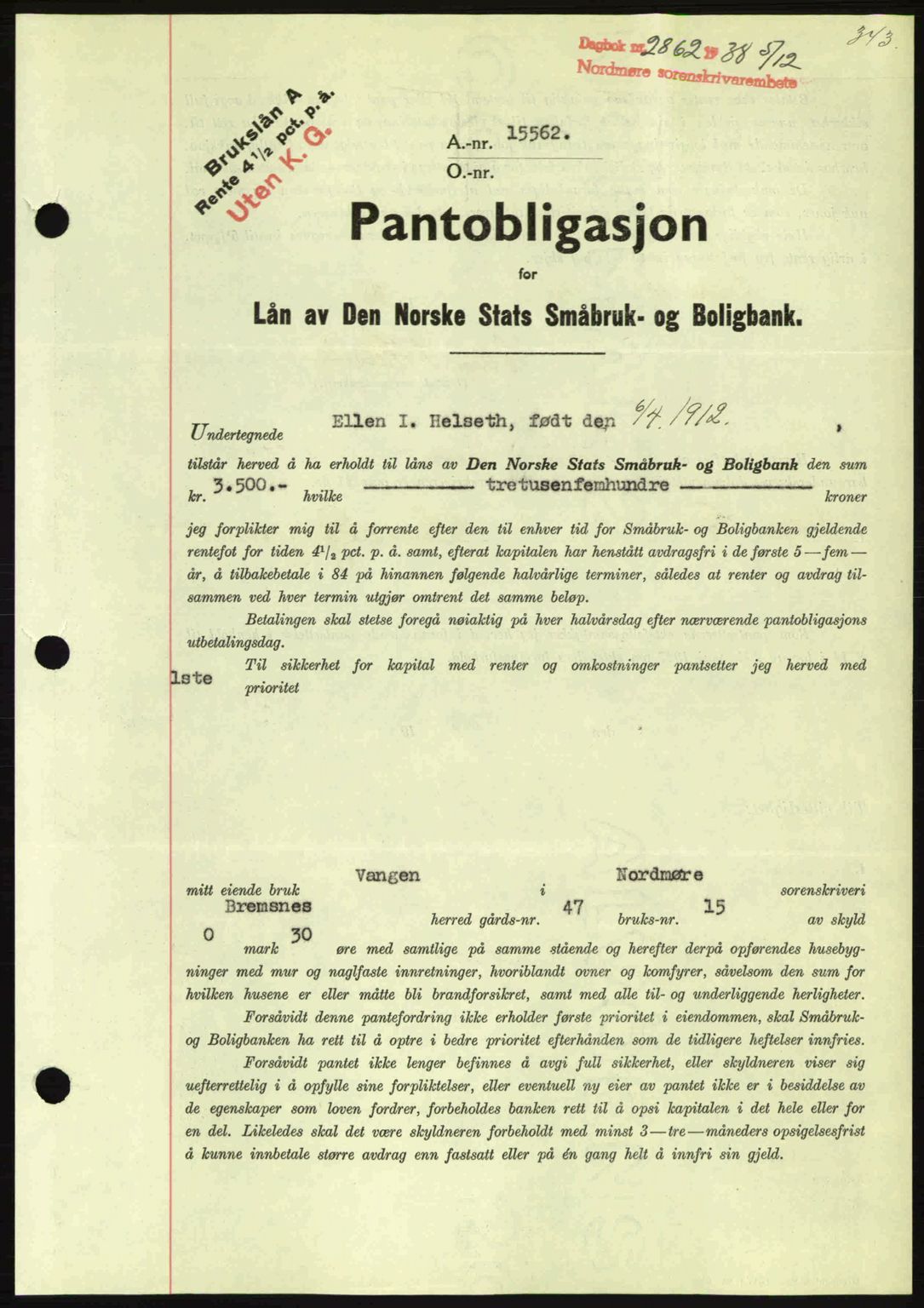 Nordmøre sorenskriveri, SAT/A-4132/1/2/2Ca: Pantebok nr. B84, 1938-1939, Dagboknr: 2862/1938