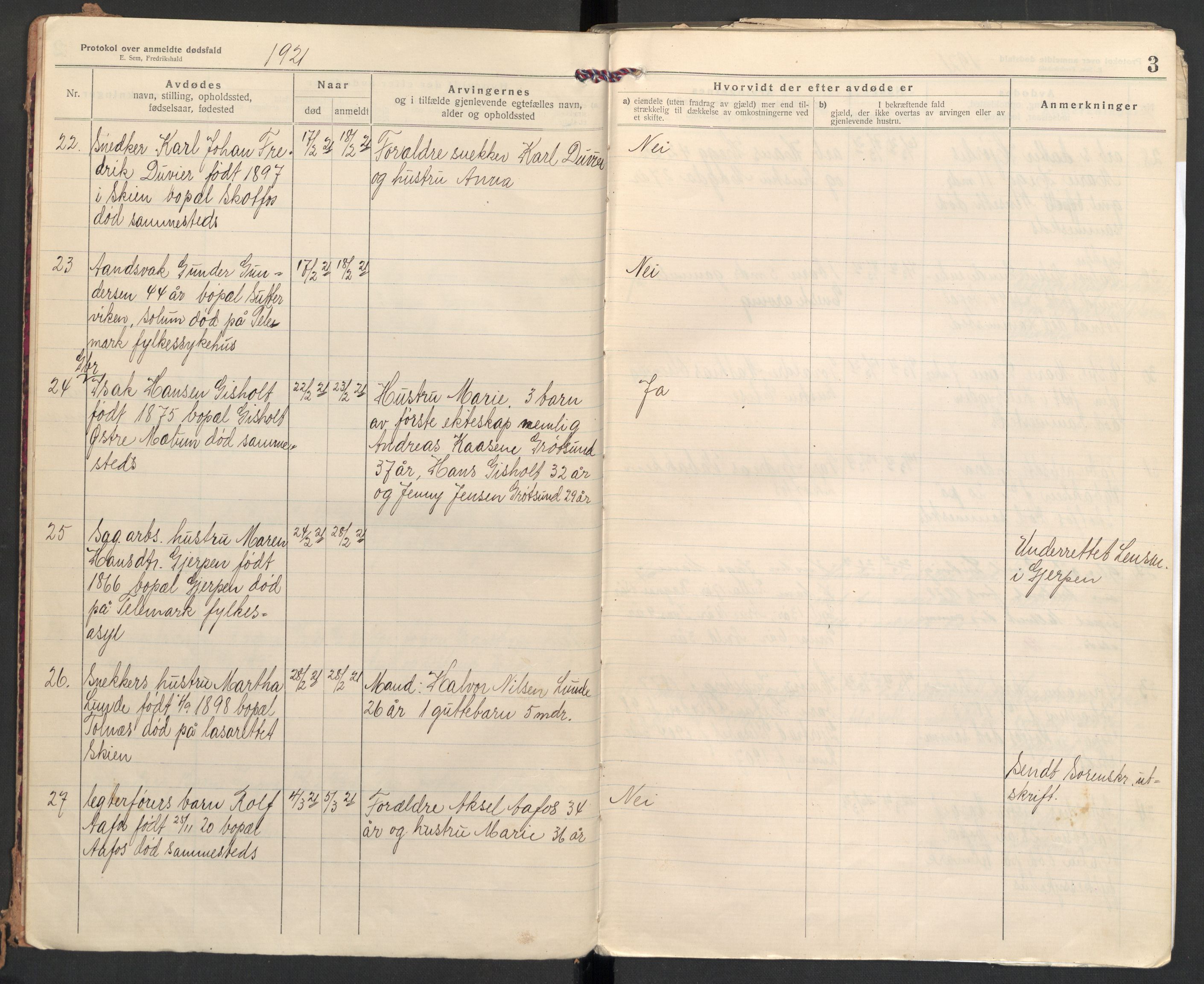 Solum lensmannskontor, AV/SAKO-A-575/H/Ha/L0005: Dødsanmeldelsesprotokoll, 1921-1924, s. 3