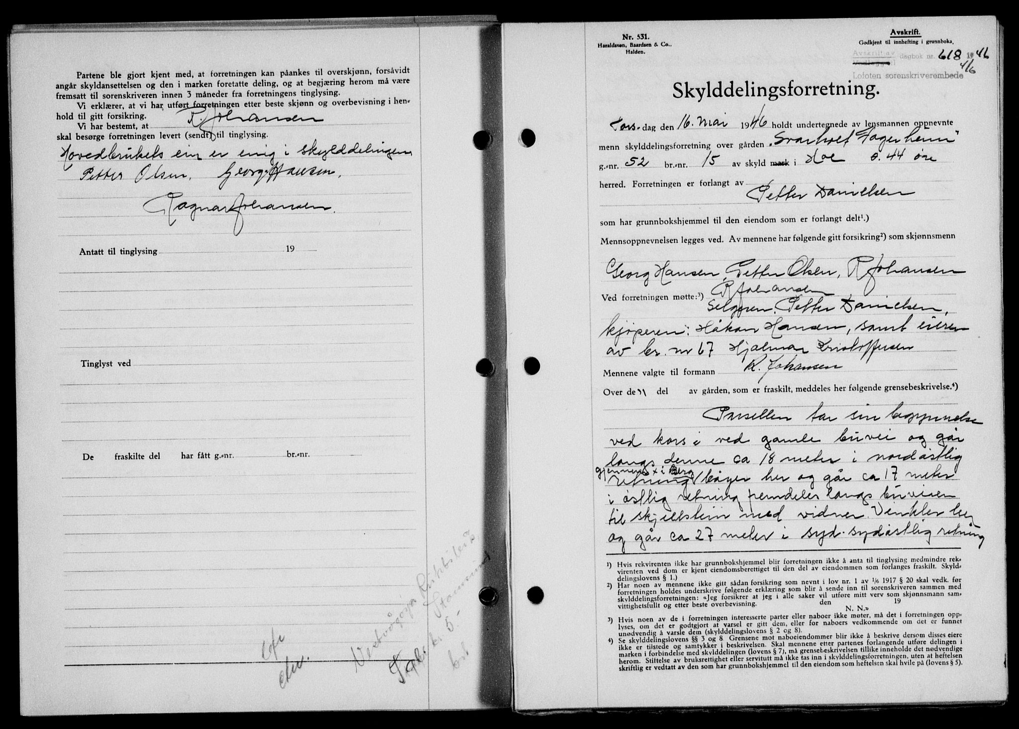 Lofoten sorenskriveri, SAT/A-0017/1/2/2C/L0014a: Pantebok nr. 14a, 1946-1946, Dagboknr: 618/1946