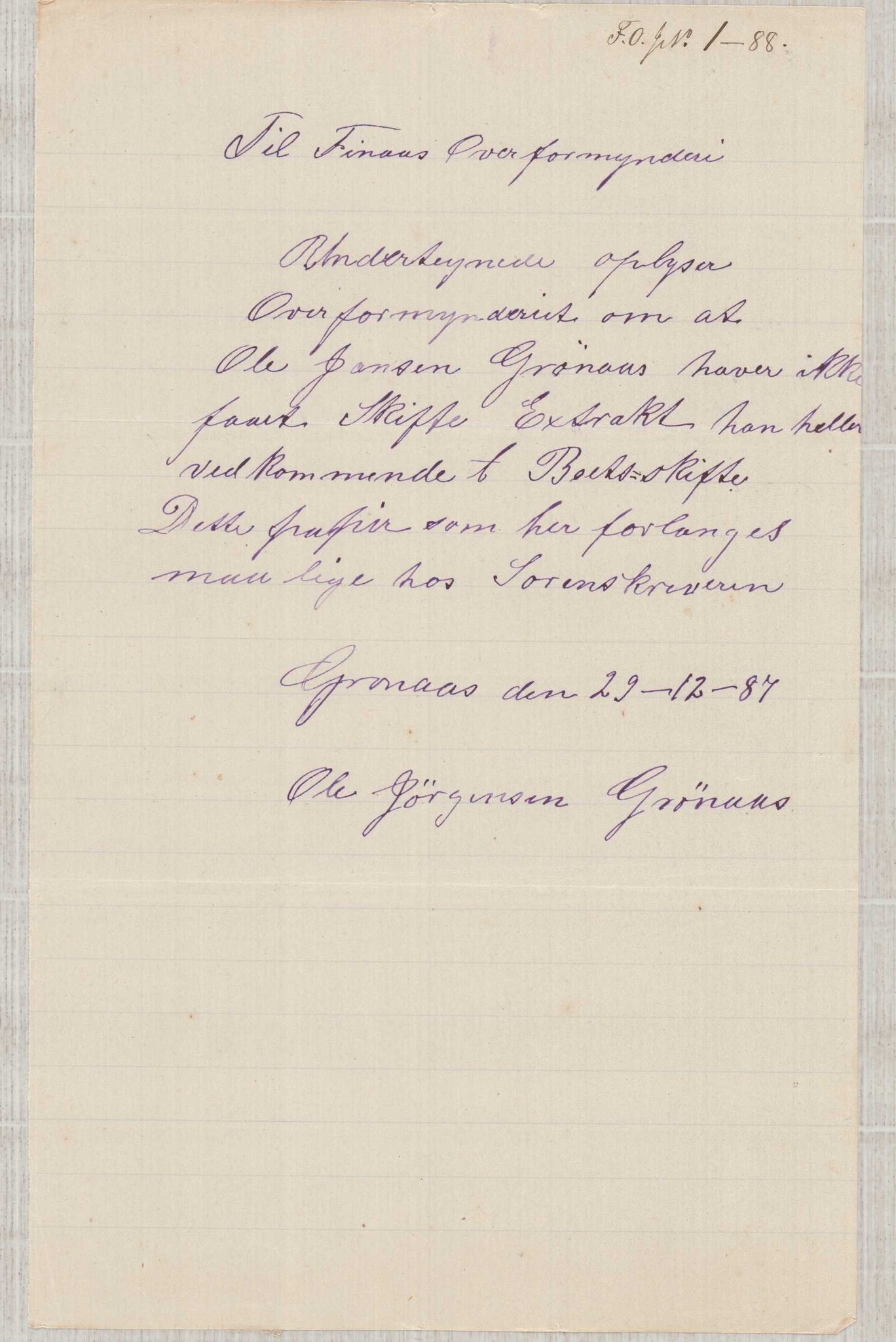 Finnaas kommune. Overformynderiet, IKAH/1218a-812/D/Da/Daa/L0001/0004: Kronologisk ordna korrespondanse / Kronologisk ordna korrespondanse, 1888-1892, s. 1