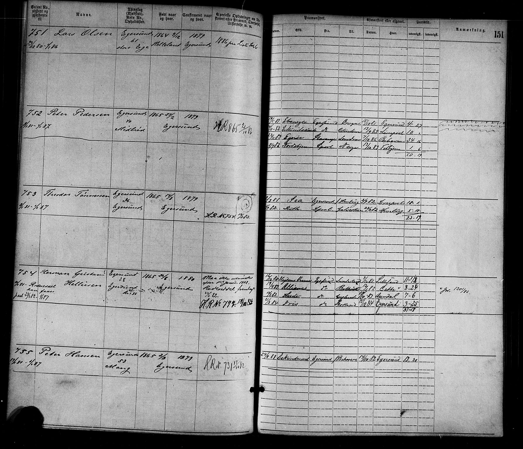 Egersund mønstringskrets, SAK/2031-0019/F/Fa/L0001: Annotasjonsrulle nr 1-1440 med register, O-1, 1869-1895, s. 170